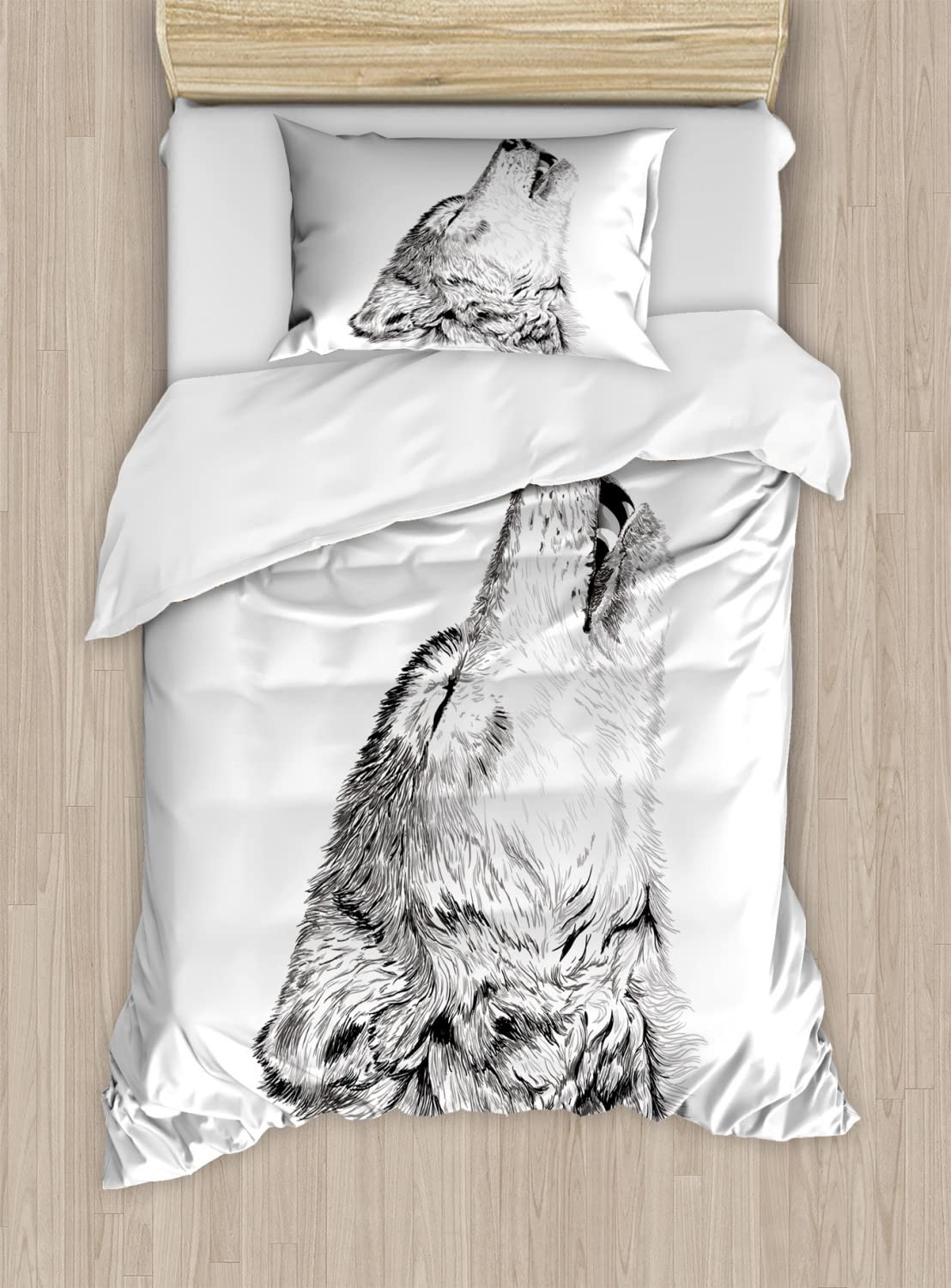 Ambesonne Wolf Duvet Cover Set - Hand Drawn Monochrome Howling Wolf Tattoo Design, 2-Piece King Size Bedding Set with 4 Pillowcases (Pale Charcoal Black) - Perfect for Gothic, Bohemian & Nature-Inspired Bedroom Decor