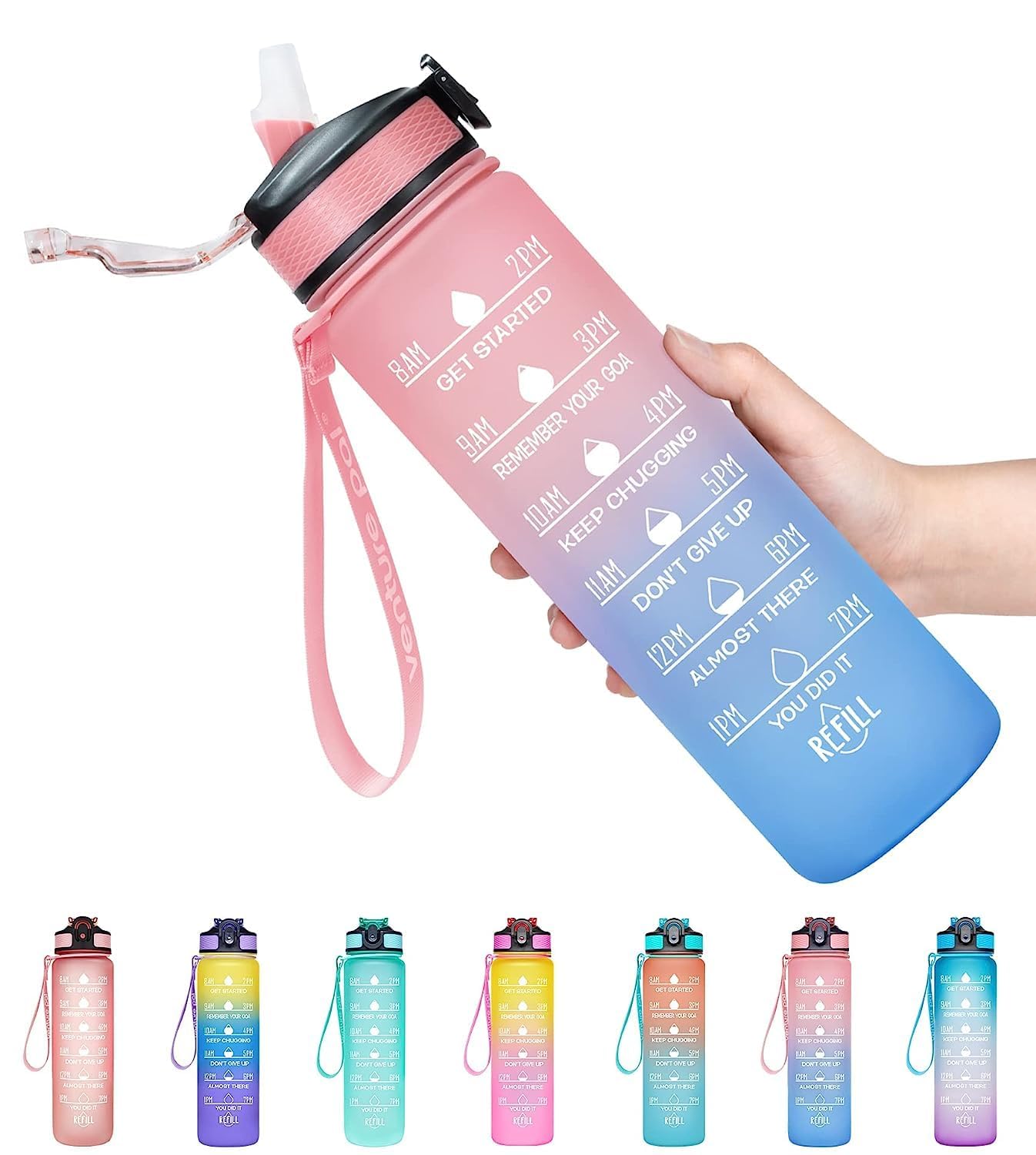 Motivational Water Bottle 900ml with Time Marker - Leakproof, Durable BPA-Free Plastic - Multicolor for Fitness, Gym & Office Hydration Tracking