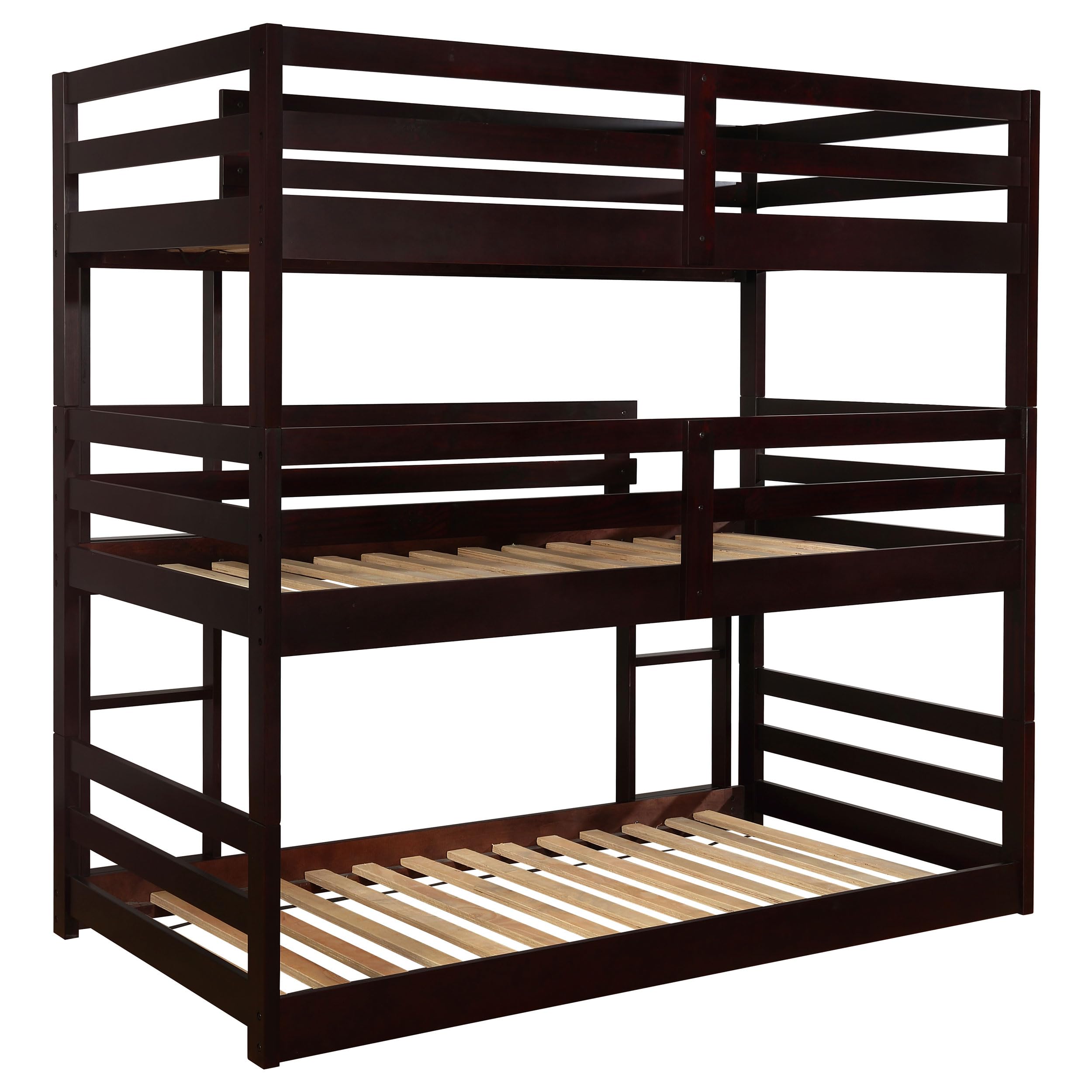 Coaster Home Furnishings Triple Bunk Bed Frame - Twin Over Twin Over Twin Size, Wood Construction with Ladder & Guardrails, Cappuccino Finish - Perfect for Kids' Bedrooms, Dorms, and Space-Saving Home Solutions
