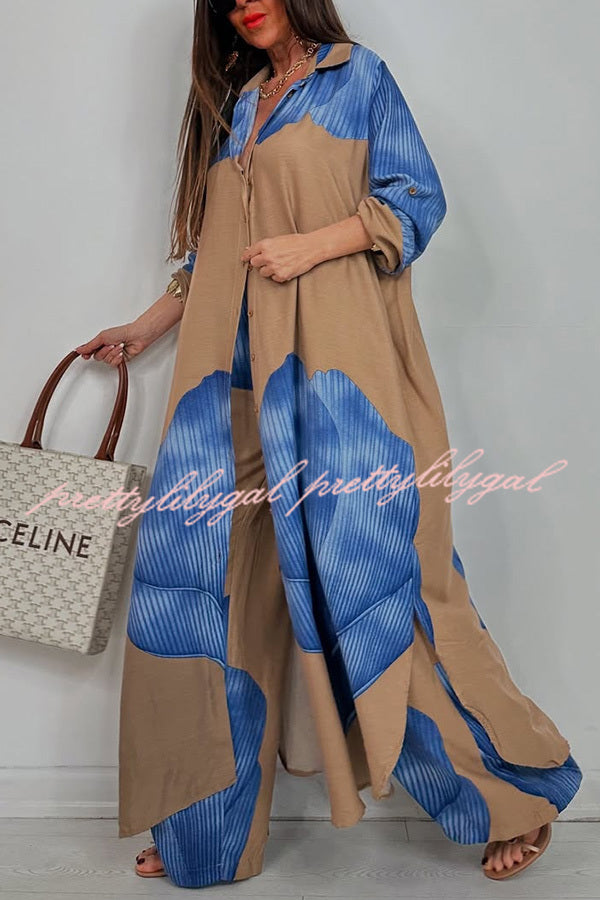 Stylish Printed Casual Loose Long Shirt & Elastic Waist Pocket Wide Leg Pants Set - Women's Comfortable Outfit for Work, Travel and Daily Wear