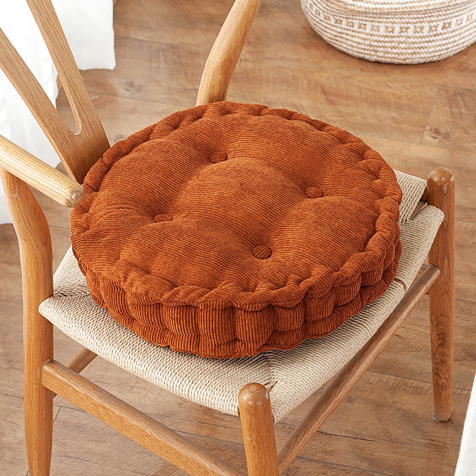 LIANGLAOI Round Solid Seat Cushions with Portable Handle - Reversible Indoor/Outdoor Chair Pad - Thickened Tatami Floor Cushion Pillow for Home, Office, Camping & Picnics - Brown (45cm Diameter)