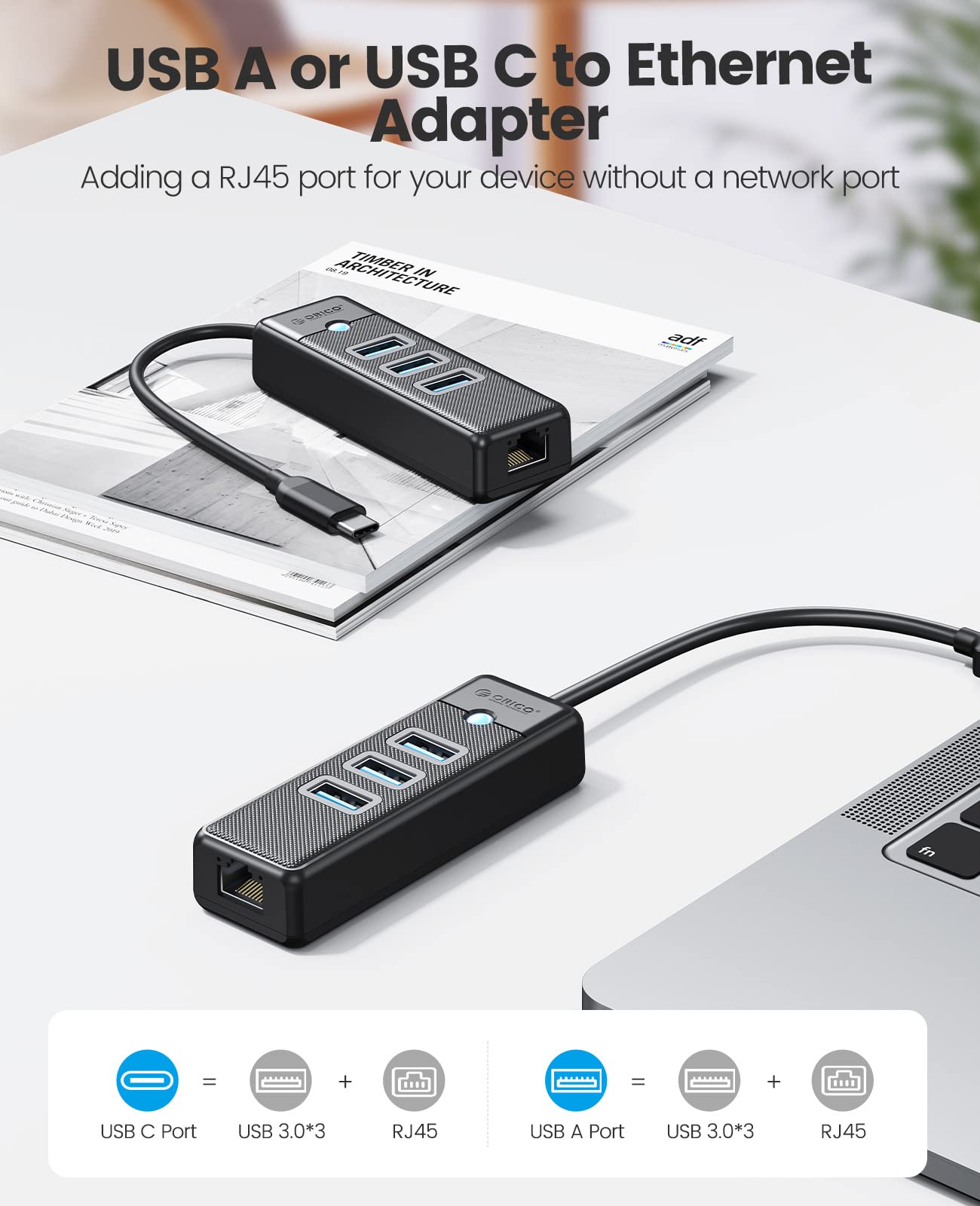 ORICO USB C to Ethernet Adapter 4-in-1 Hub with Gigabit RJ45 Port, 1.6ft Cable - Compatible with MacBook Pro/Air, iPad Pro, Chromebook, Windows Laptops - Perfect for Office Work, Online Gaming & Video Conferencing