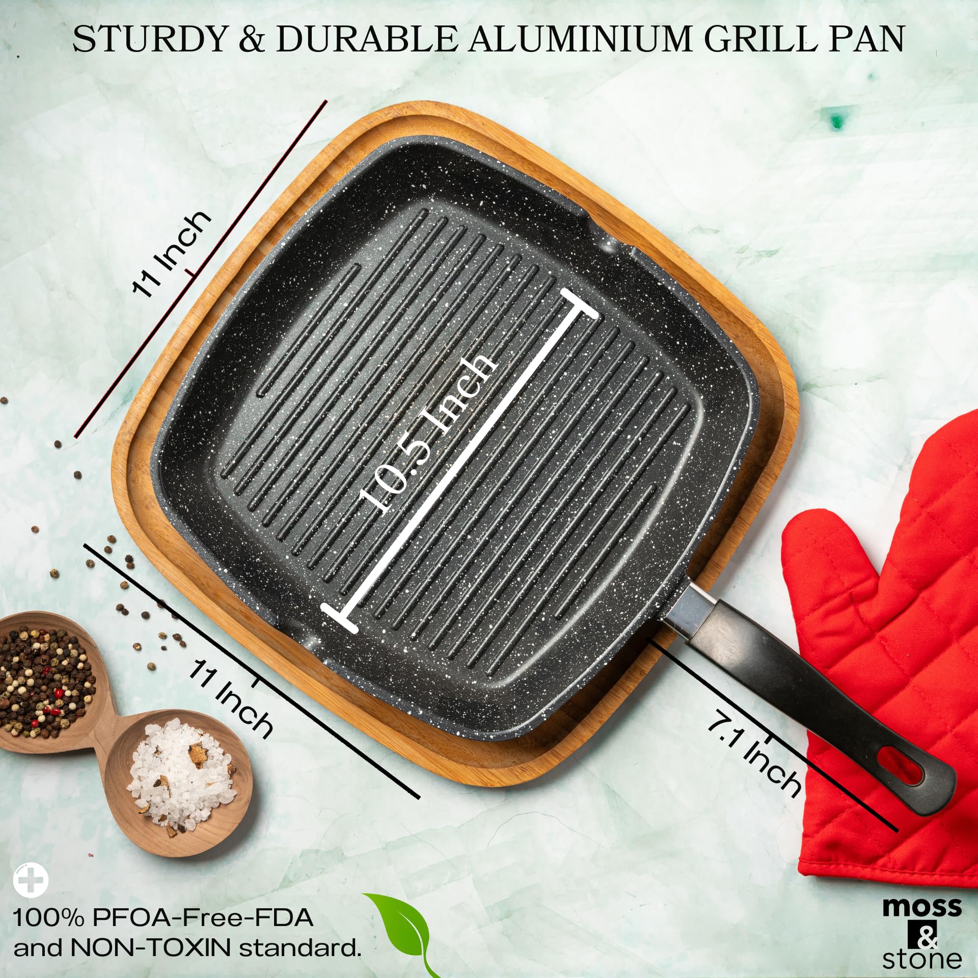 11 Inch Moss & Stone Aluminum Nonstick Grill Pan for Stove Tops - PFOA Free Square Griddle with Pour Spouts, Large Cooking Surface for Indoor & Outdoor Grilling - Perfect for Pancakes, Burgers, Steaks and Camping Cookouts