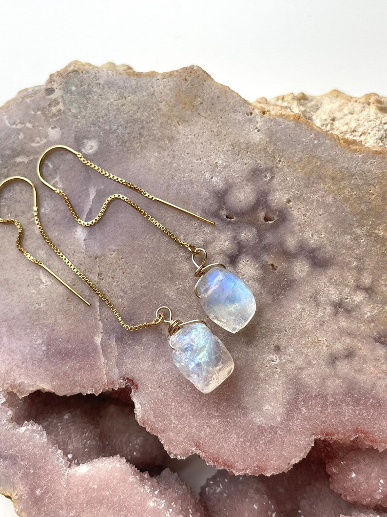 Gold Filled White Raw Crystal Rainbow Moonstone Threader Earrings for Women - Dainty Boho Jewelry Gift for Everyday Wear & Special Occasions