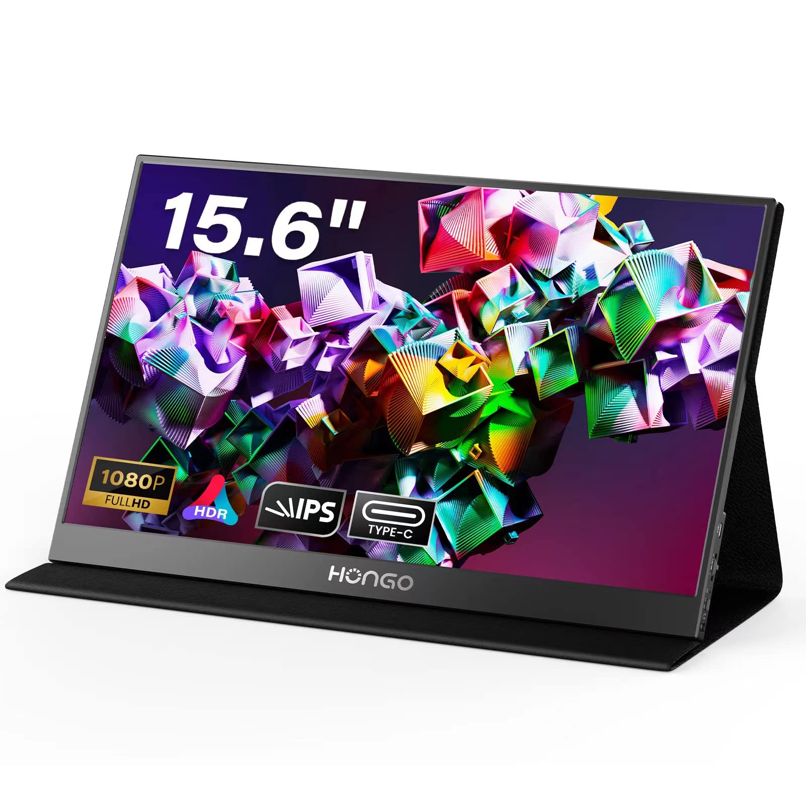 15.6'' HONGO Portable Monitor - 1080P FHD IPS HDR Display with USB-C & HDMI, Built-in Dual Speakers & Smart Cover - External Gaming Monitor for PC, Mac, Phone, Xbox, PS4, Nintendo Switch - Perfect for Work, Travel & Mobile Gaming