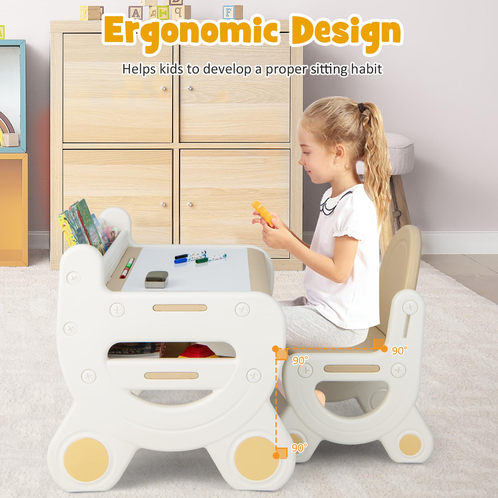 Costzon Kids Table and Chair Set - Plastic Activity Table with Watercolor Pens, Blackboard Eraser & Storage Shelf for Drawing, Reading, Playing & Eating - Toddler Table and Chair Set (Coffee) - Perfect for Preschool Learning, Arts & Crafts, and Playroom Activities
