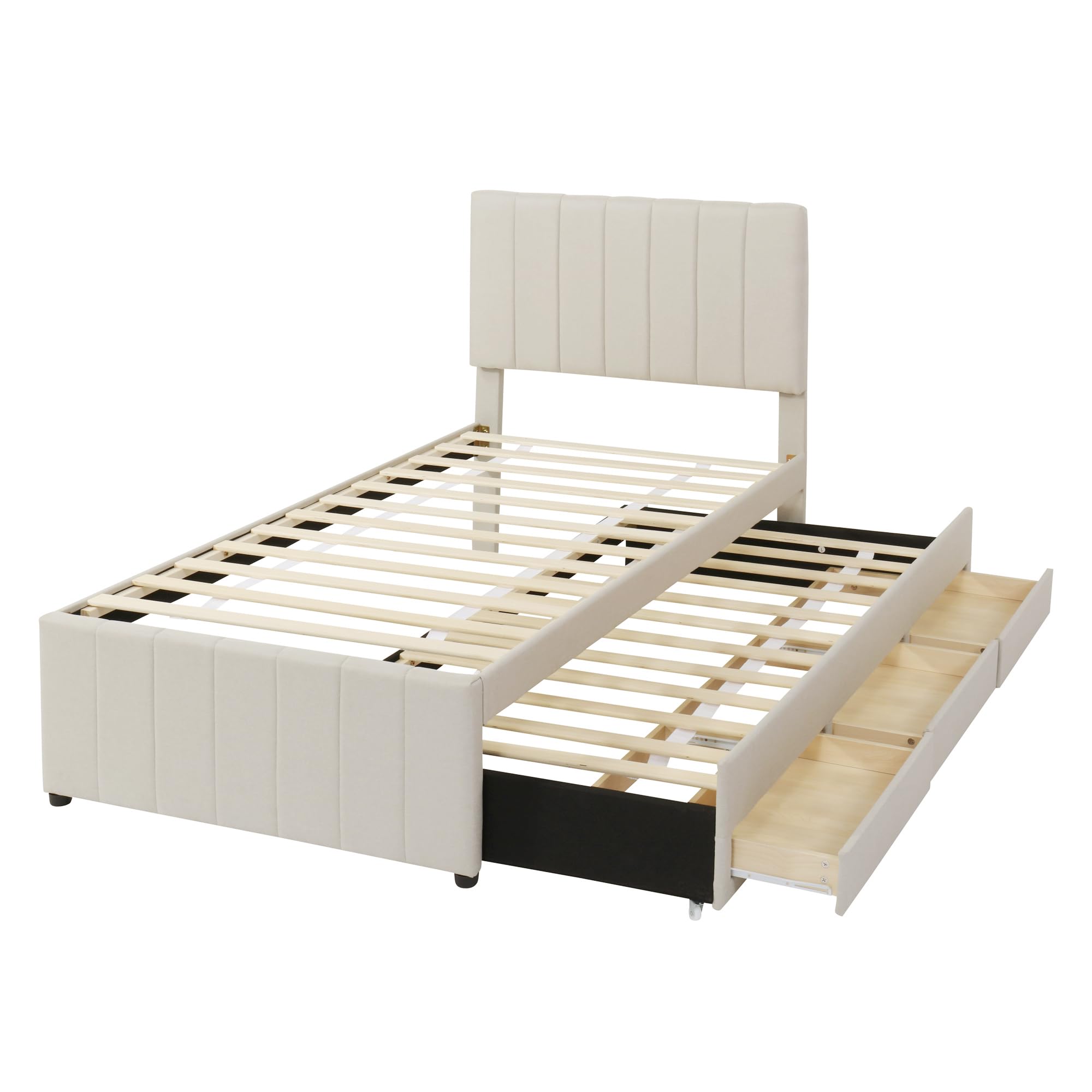 MERITLINE Twin Size Platform Bed with Pull-Out Trundle & 3 Storage Drawers - Linen Upholstered Bed Frame with Headboard for Kids, Teens & Adults - Space-Saving Bedroom Furniture for Small Rooms & Guest Rooms (Twin, Beige)