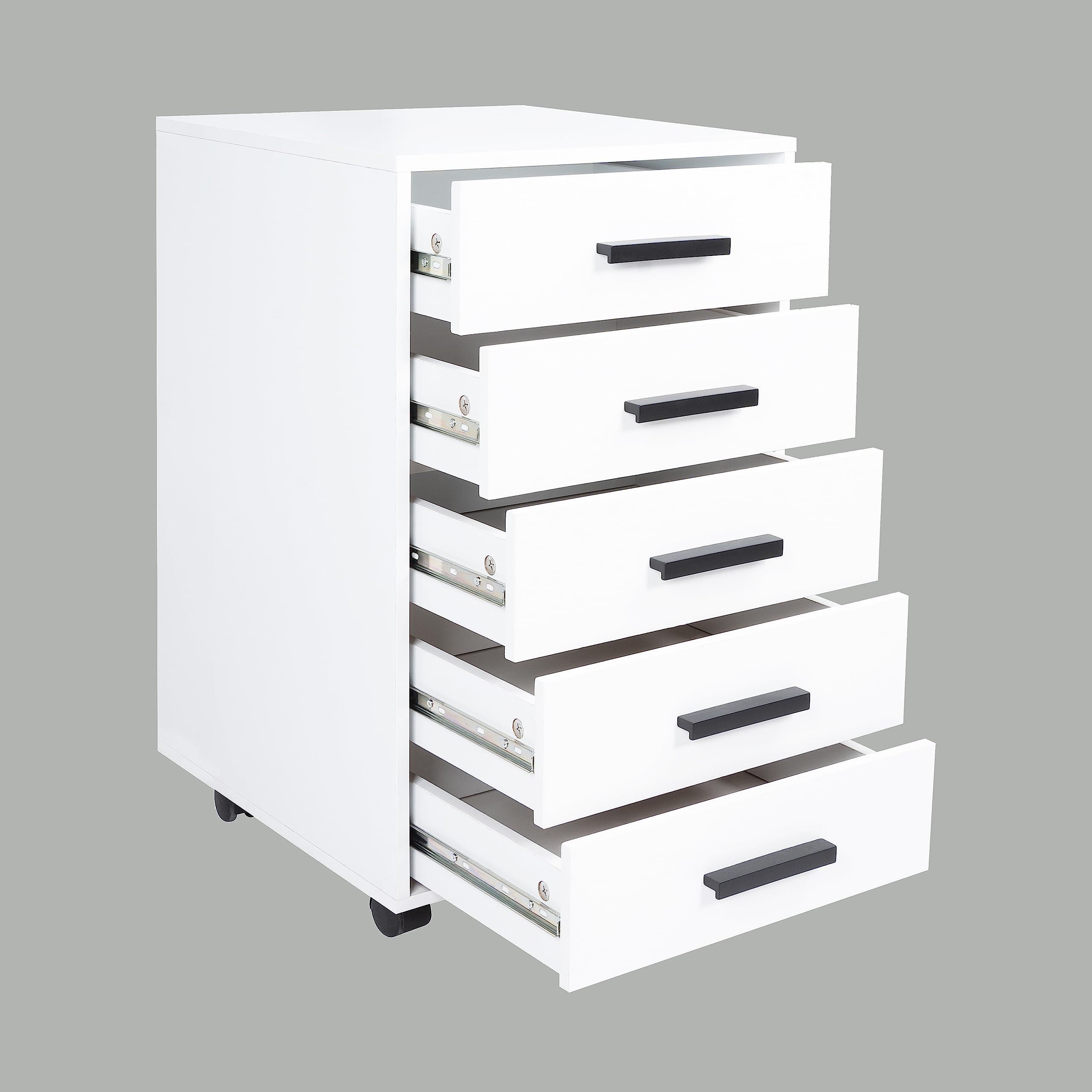 Naomi Home Parker Modern 5-Drawer Dresser - Industrial Style Wooden Bedroom Dresser with Swivel Casters & Fashionable Handles - White - Perfect for Small Spaces, Dorm Rooms & Apartment Bedrooms