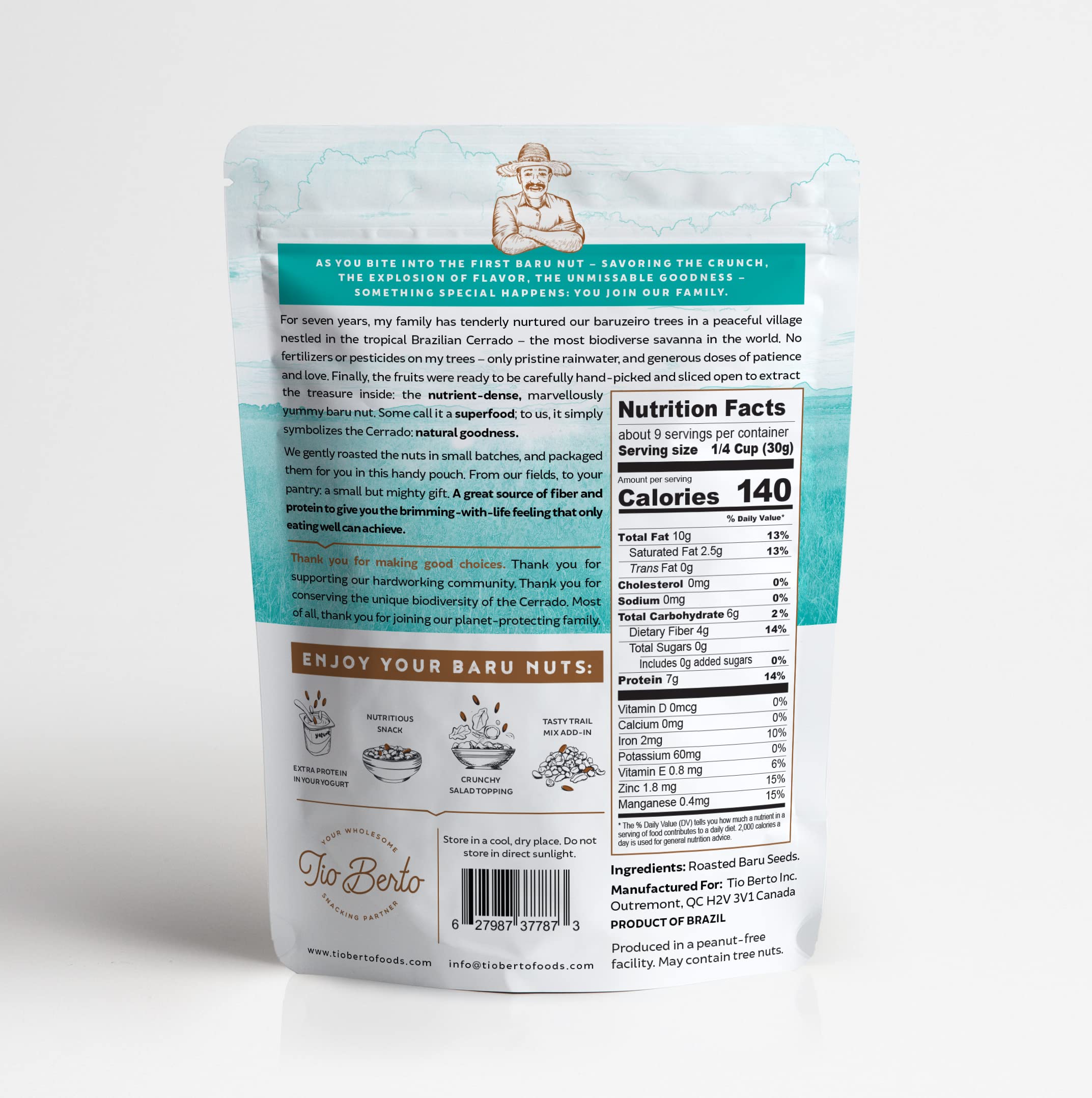 Organic Baru Nuts Roasted - 10oz Resealable Bag | Crunchy, Delicious & Healthy Superfood Snack | Vegan, Gluten-Free, Keto & Peanut-Free | High Protein Wild Nuts by Tio Berto | Perfect for Trail Mix, Salads & Healthy On-the-Go Snacking