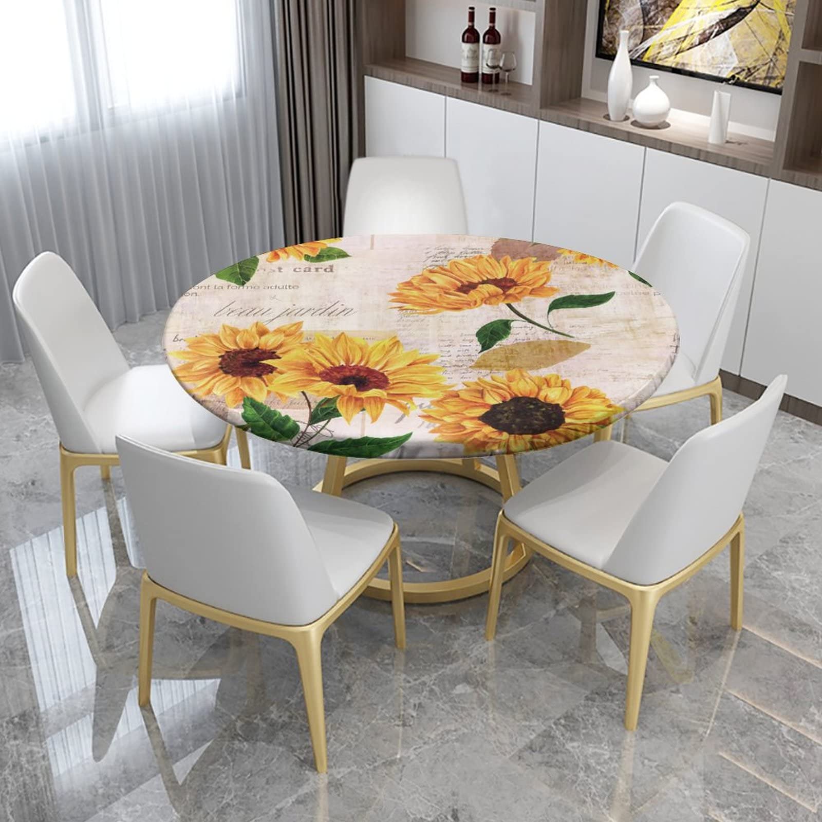 Sunflower Elastic Edge Waterproof Round Tablecloth - Washable & Wipeable Fabric Table Cover for 48 Inch Tables - Perfect for Indoor & Outdoor Parties, Dining, Picnics, and Home Decor (Brown Yellow)