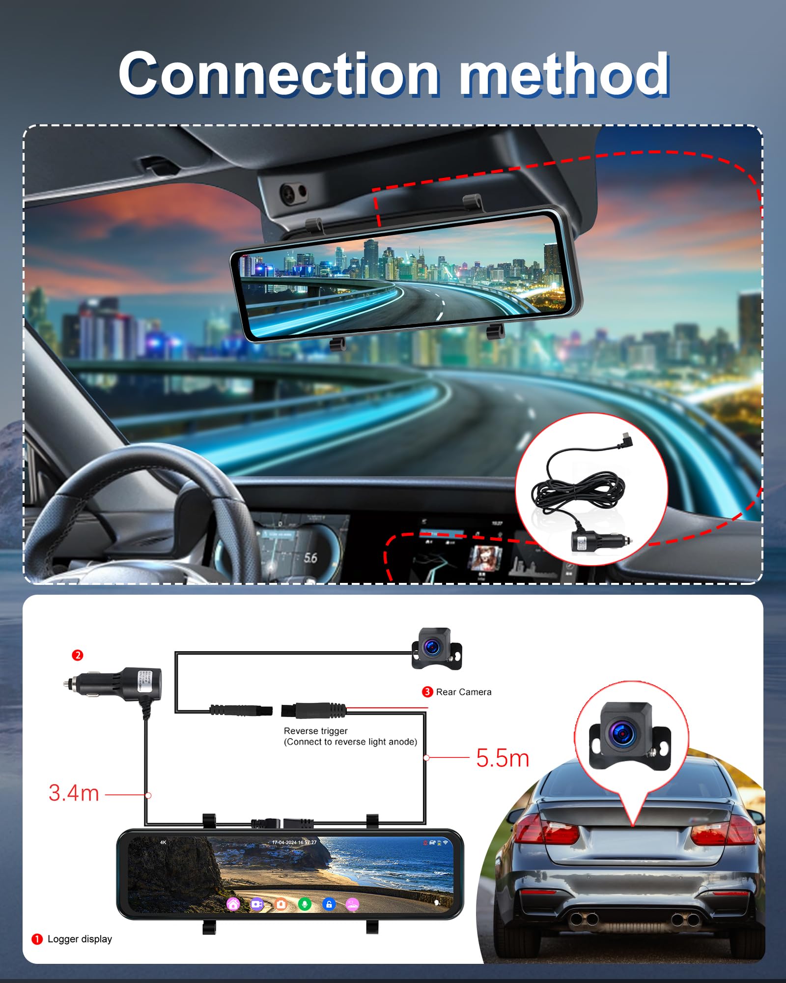 4K Mirror Dash Cam 11 Inch - Front and Rear Dual Camera System with GPS, 4K UHD Front + 1080P Rear IPS Screen, Night Vision, G-Sensor, 24H Parking Monitor, ADAS & BSD & LCA - Perfect for Safe Driving, Parking Assistance & Road Trip Recording