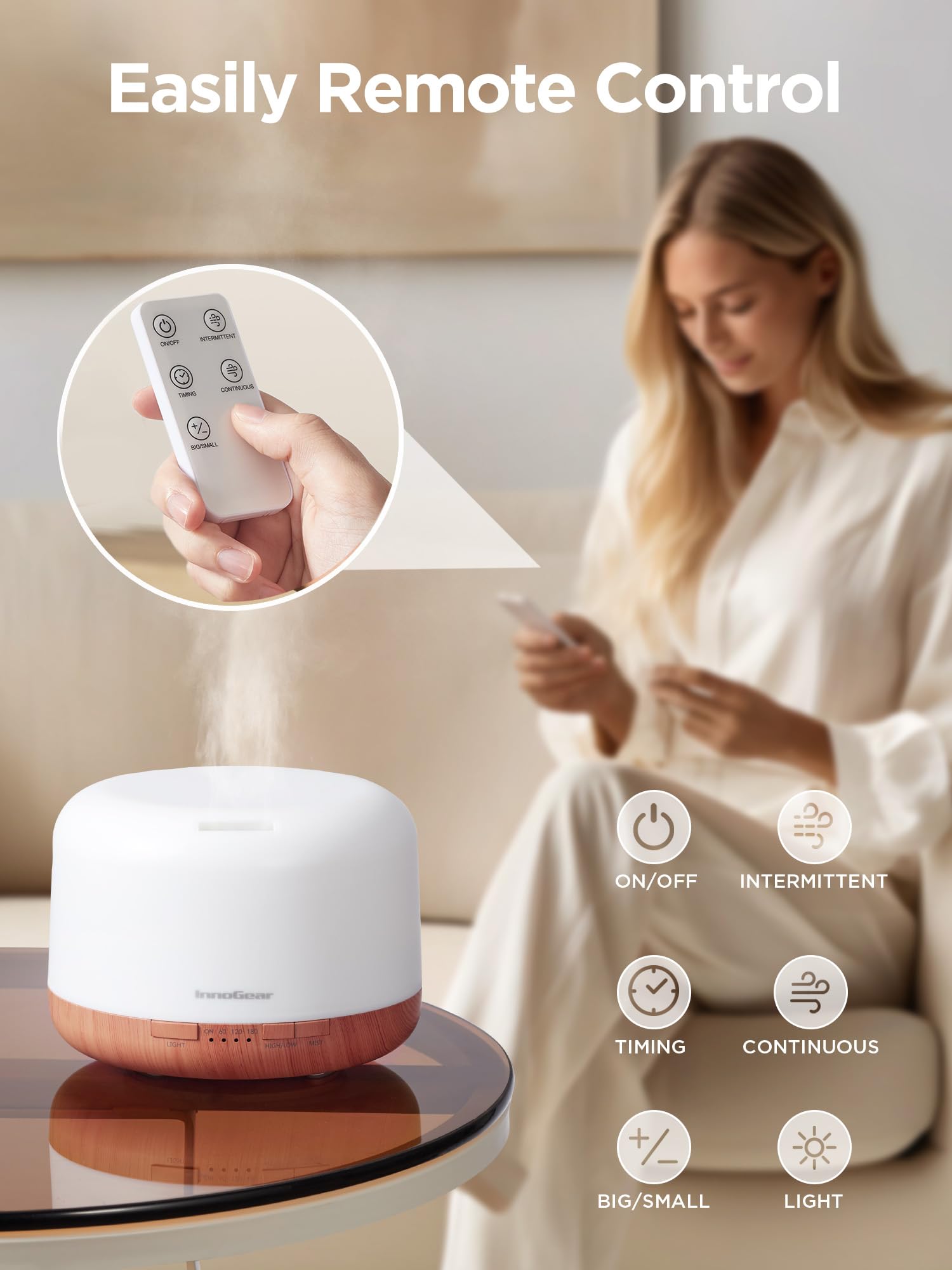 InnoGear 500ml Ultrasonic Essential Oil Diffuser with Remote Control - Premium Aromatherapy Humidifier for Large Rooms, Auto Shut-Off Timer, Yellow | Perfect for Home, Office, Yoga & Spa Relaxation