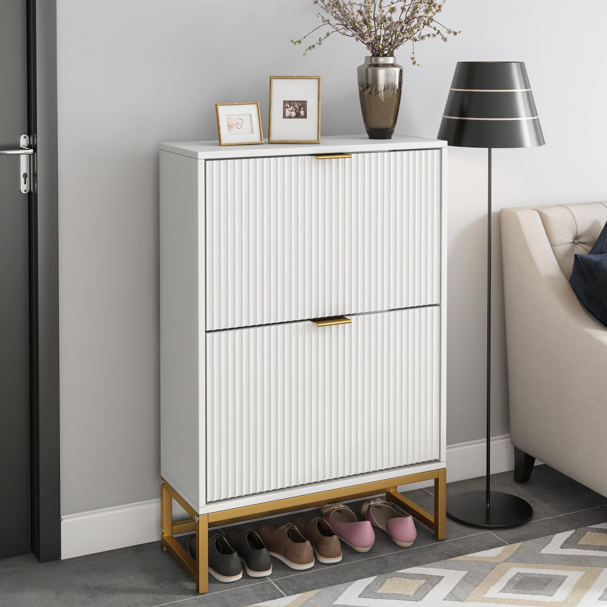 Modern Slim Shoe Cabinet with 2 Flip Drawers - Freestanding Wooden Entryway Shoe Storage Organizer, Narrow Fluted Design for Living Room & Hallway - Perfect for Small Spaces & Apartment Entry (White)