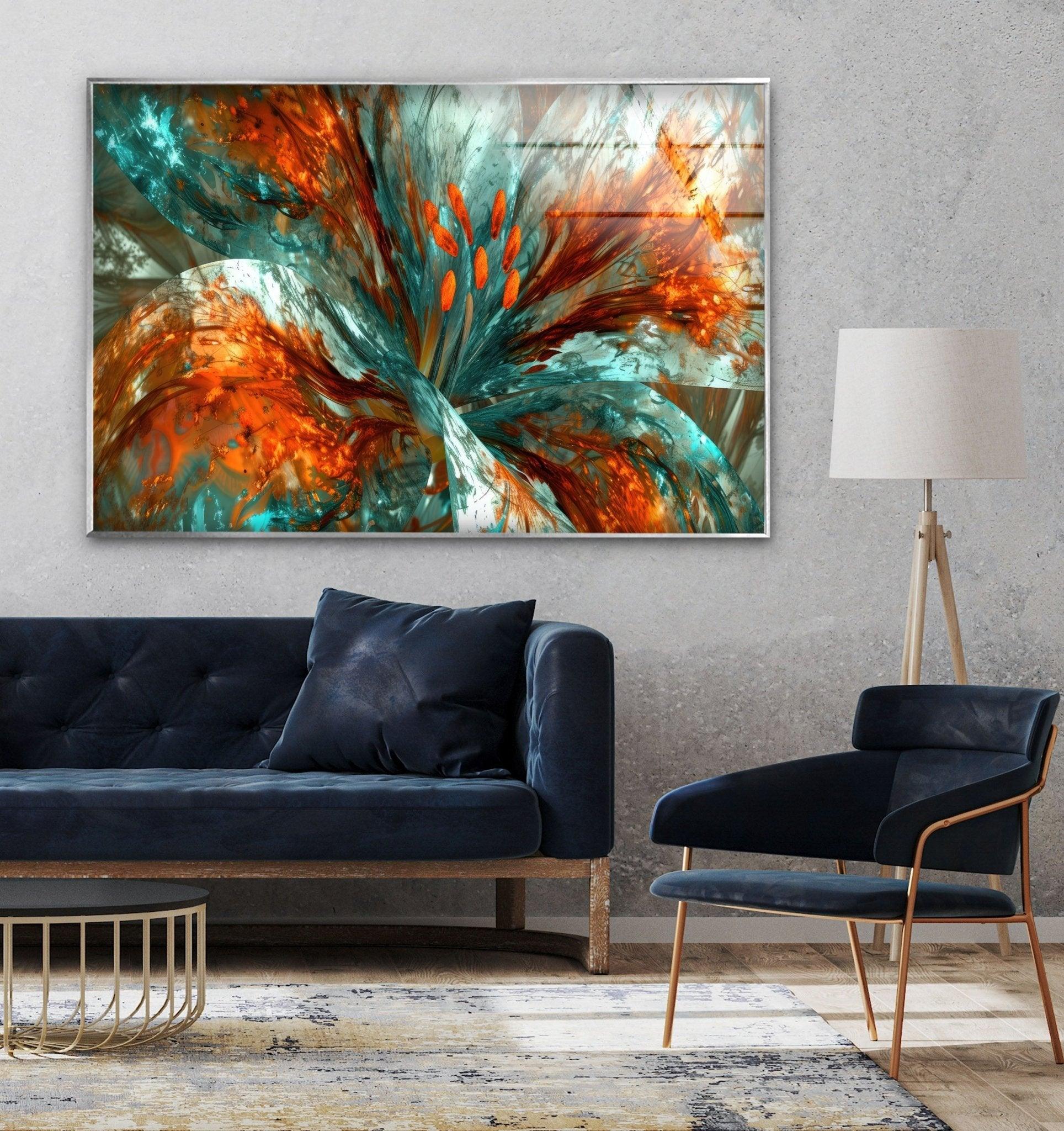 Abstract Floral Painting Glass Wall Art - Modern Home Decor for Living Room, Bedroom & Office - Elegant Handmade Glass Artwork for Interior Design