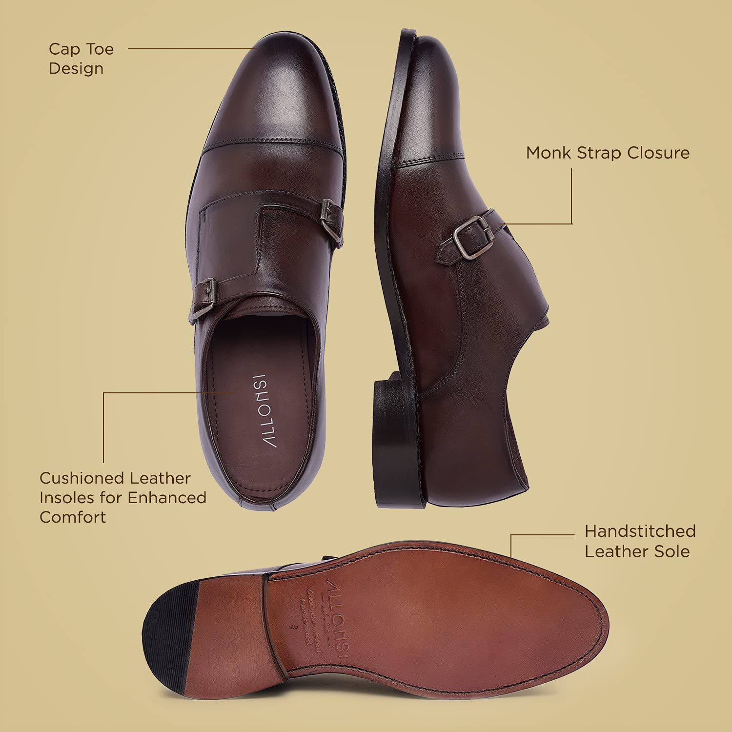 Genuine Leather Monk Strap Dress Shoes for Men - Handcrafted Goodyear Welted Formal Shoes with Cap Toe & Leather Sole | Perfect for Business Meetings, Weddings & Special Occasions