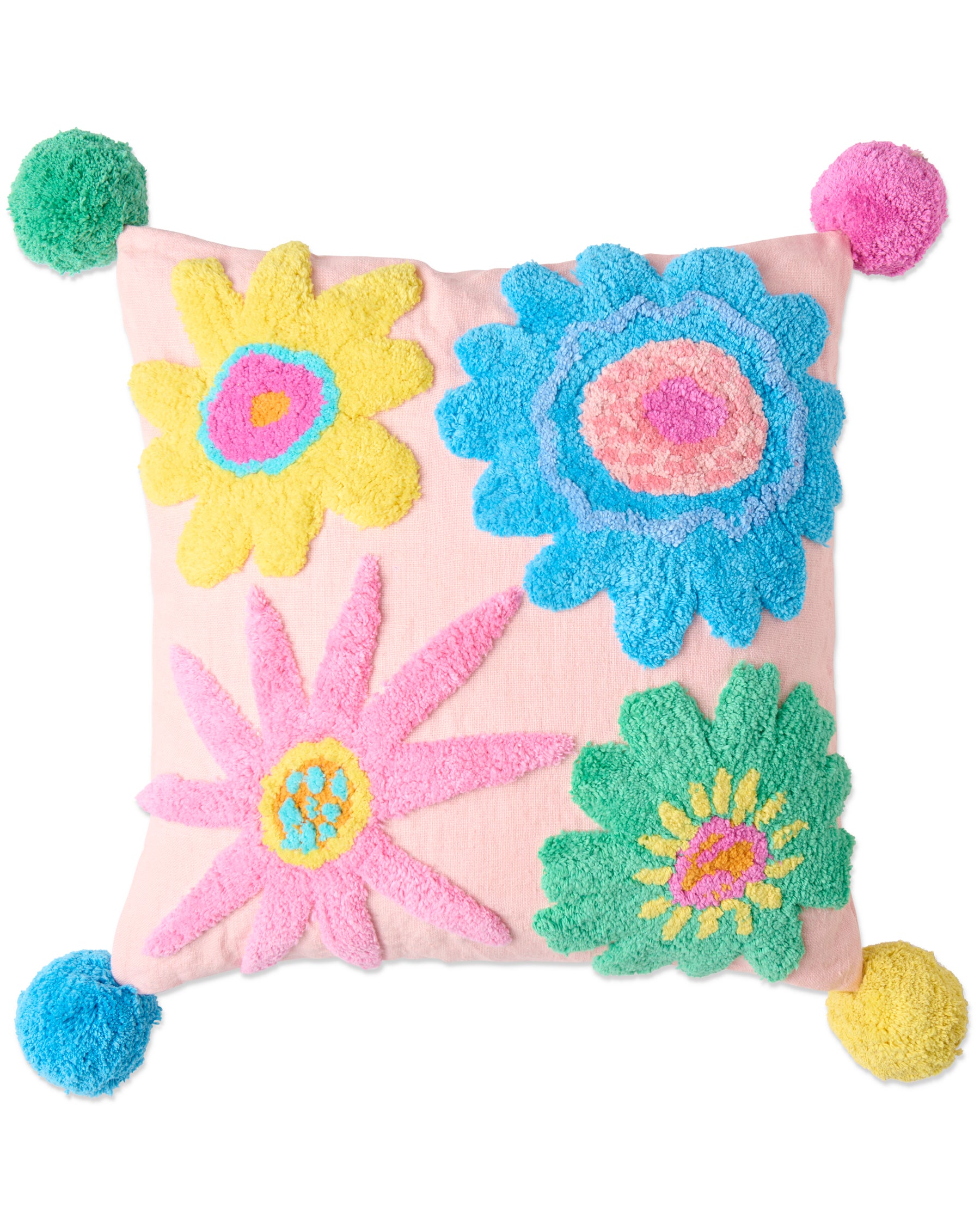 Rainbow Flowers Tufted Pom Pom Cushion - Soft Decorative Throw Pillow for Sofa, Bed & Nursery - Perfect for Boho Home Decor, Girls Room & Cozy Living Spaces