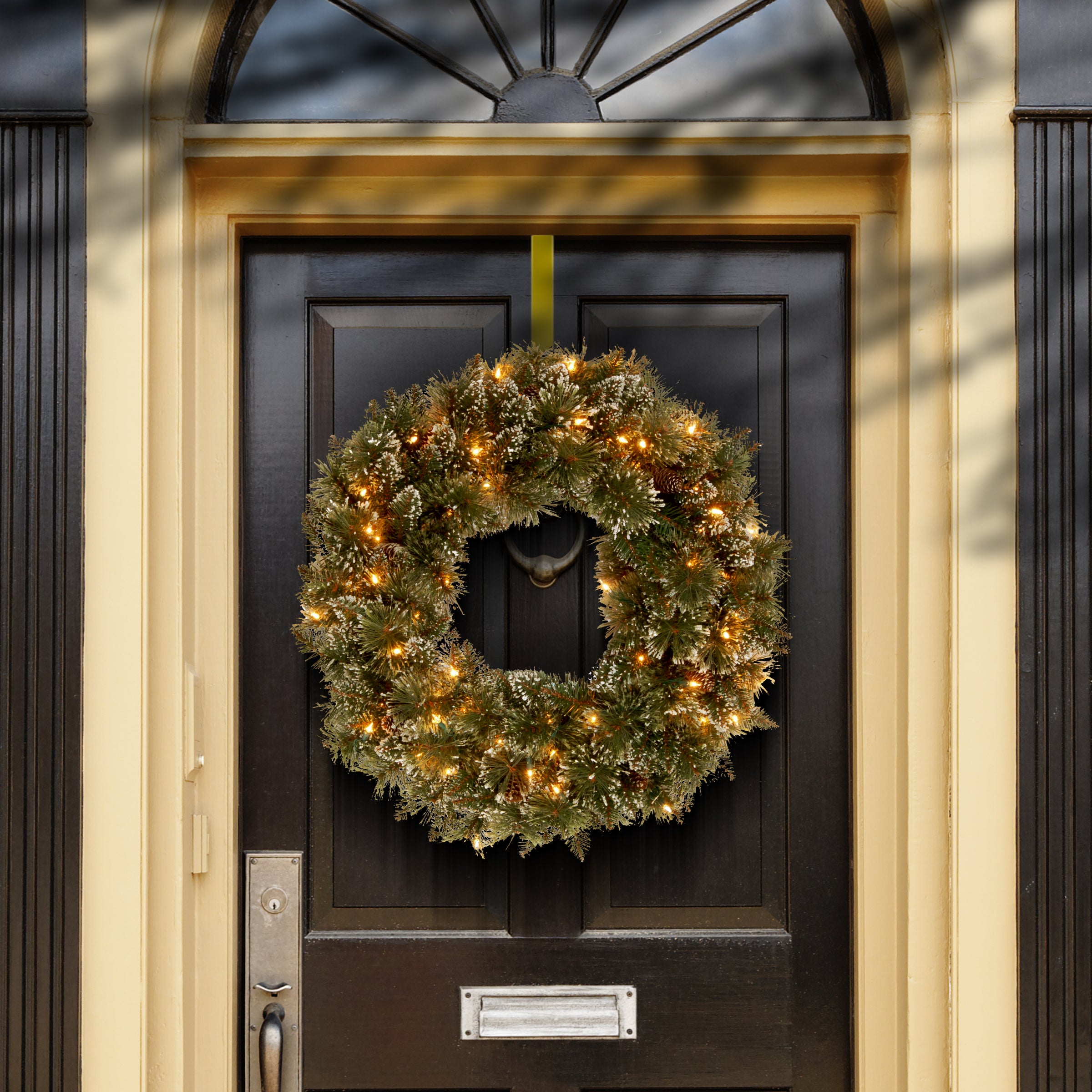 24 Inch Sparkling Bristle Pine Christmas Wreath with Clear LED Lights - Perfect for Holiday Door Decor, Fireplace Mantel & Festive Home Decorations