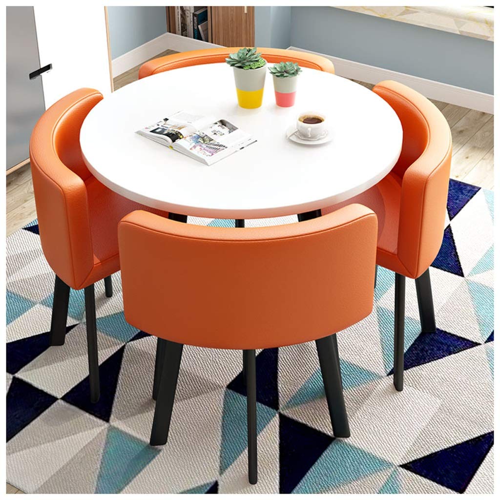 Modern Minimalist Round Dining Table Set with 4 Chairs - 80cm Kitchen Table & Vintage Cotton Linen Lounge Chairs for Home, Living Room, Office Reception - Perfect for Small Space Dining, Entertaining Guests & Workspace Meetings