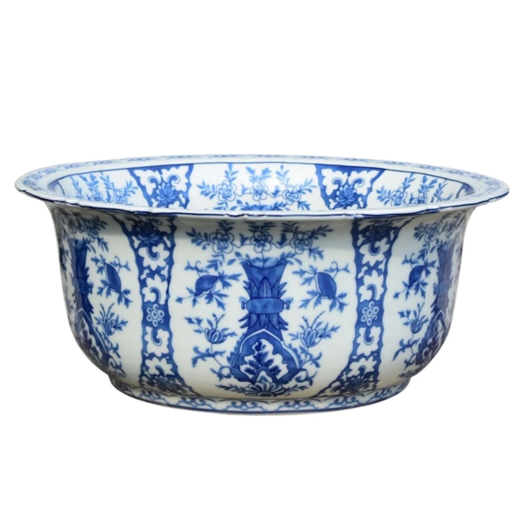 Blue and White Porcelain Chinoiserie Scalloped Basin - Vintage Chinese Style Wash Basin for Bathroom & Kitchen Decor