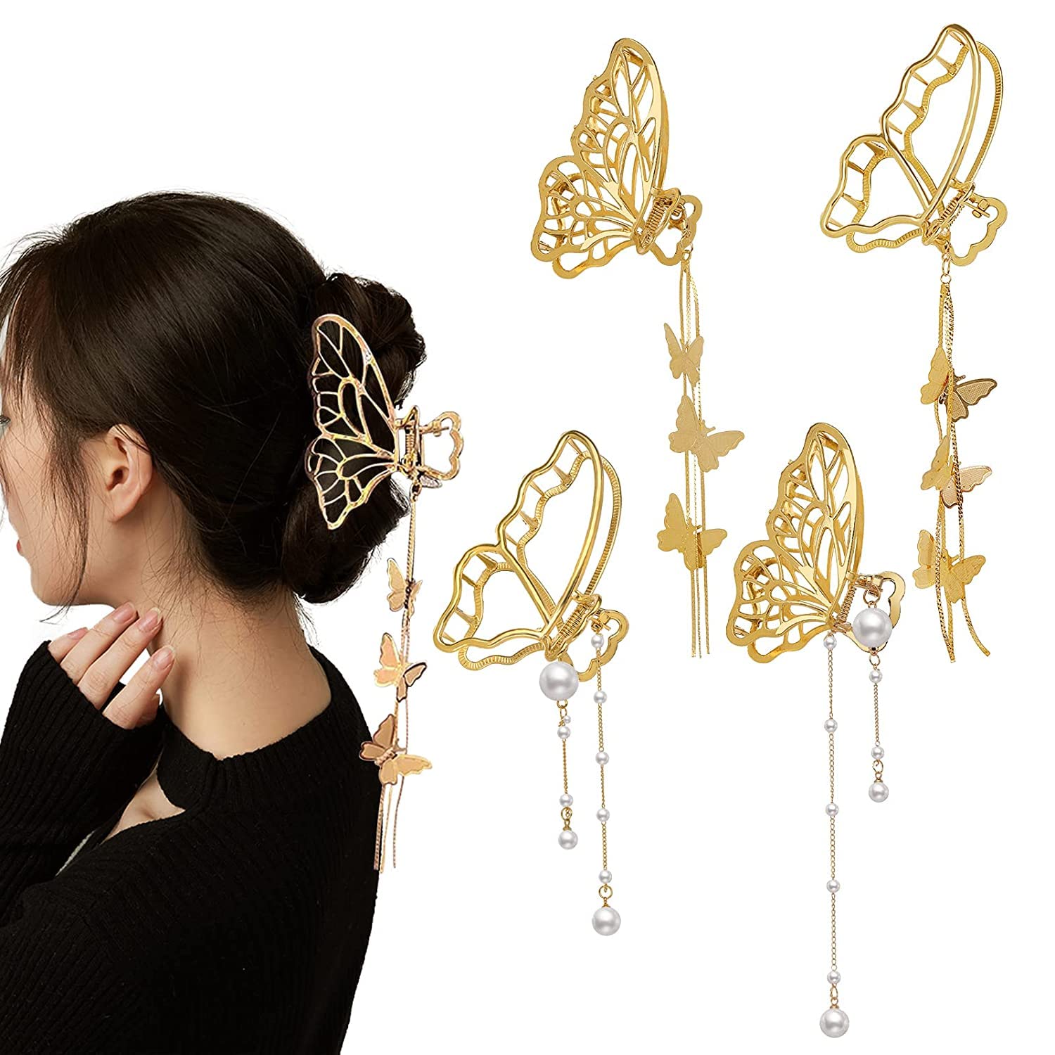 Pearl Tassel Hair Clips for Women - Gold Metal Butterfly Claw Clips (3Pcs) - Elegant Hair Accessories for Girls, Parties & Weddings