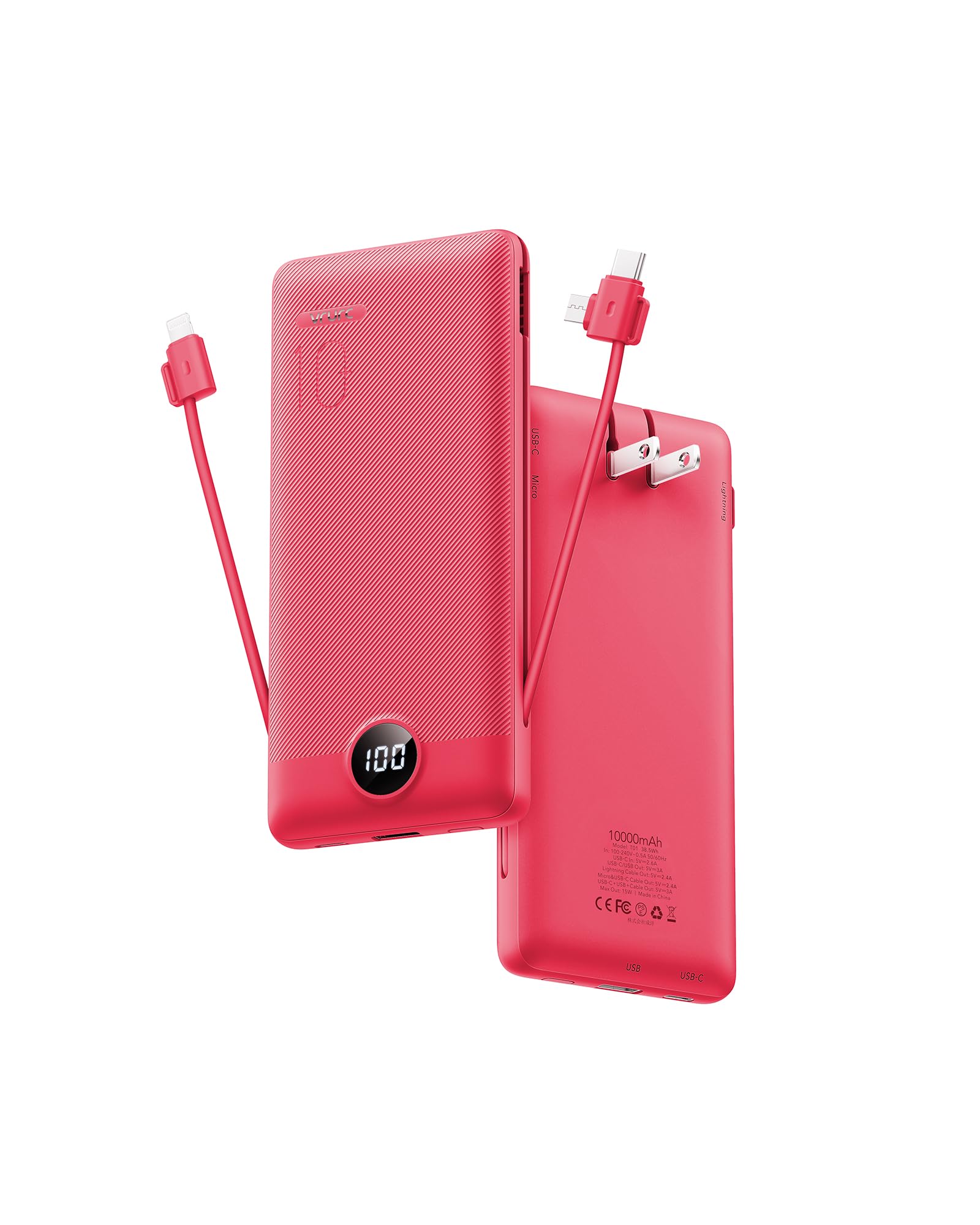 VRURC 10000mAh Portable Charger with Built-in Cables & AC Plug - Ultra Slim Power Bank for iPhone, Samsung, iPad, Tablets - Fast Charging Battery Pack for Travel, Camping, Emergency Power Backup (Viva Magenta)