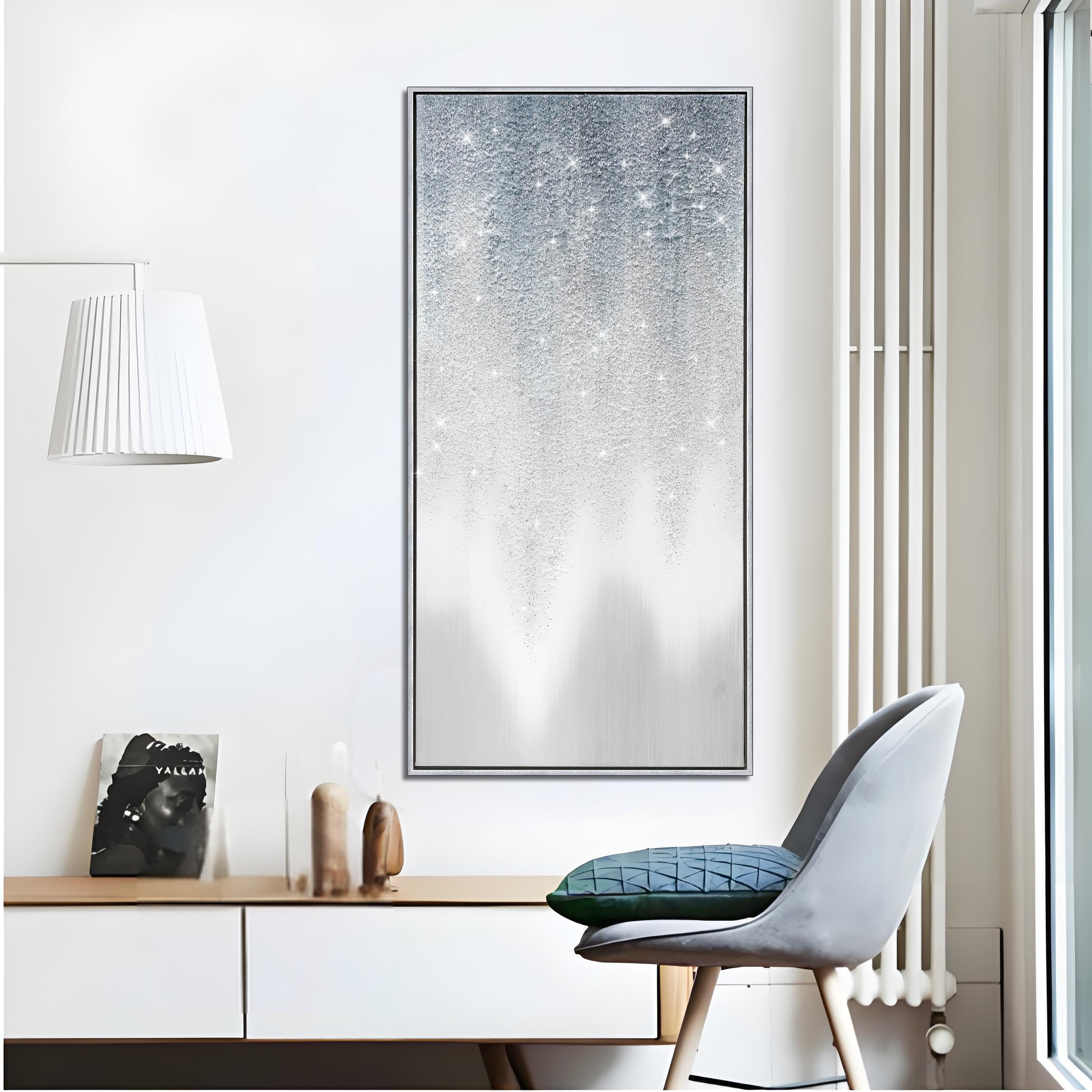 Hand Painted Silver Abstract Oil Painting on Canvas - Gray Gradient Wall Art with Sand Texture & Glitter Accents - 40x20 Inch Large Vertical Modern Decor for Living Room & Bedroom - Perfect for Contemporary Home & Office Spaces
