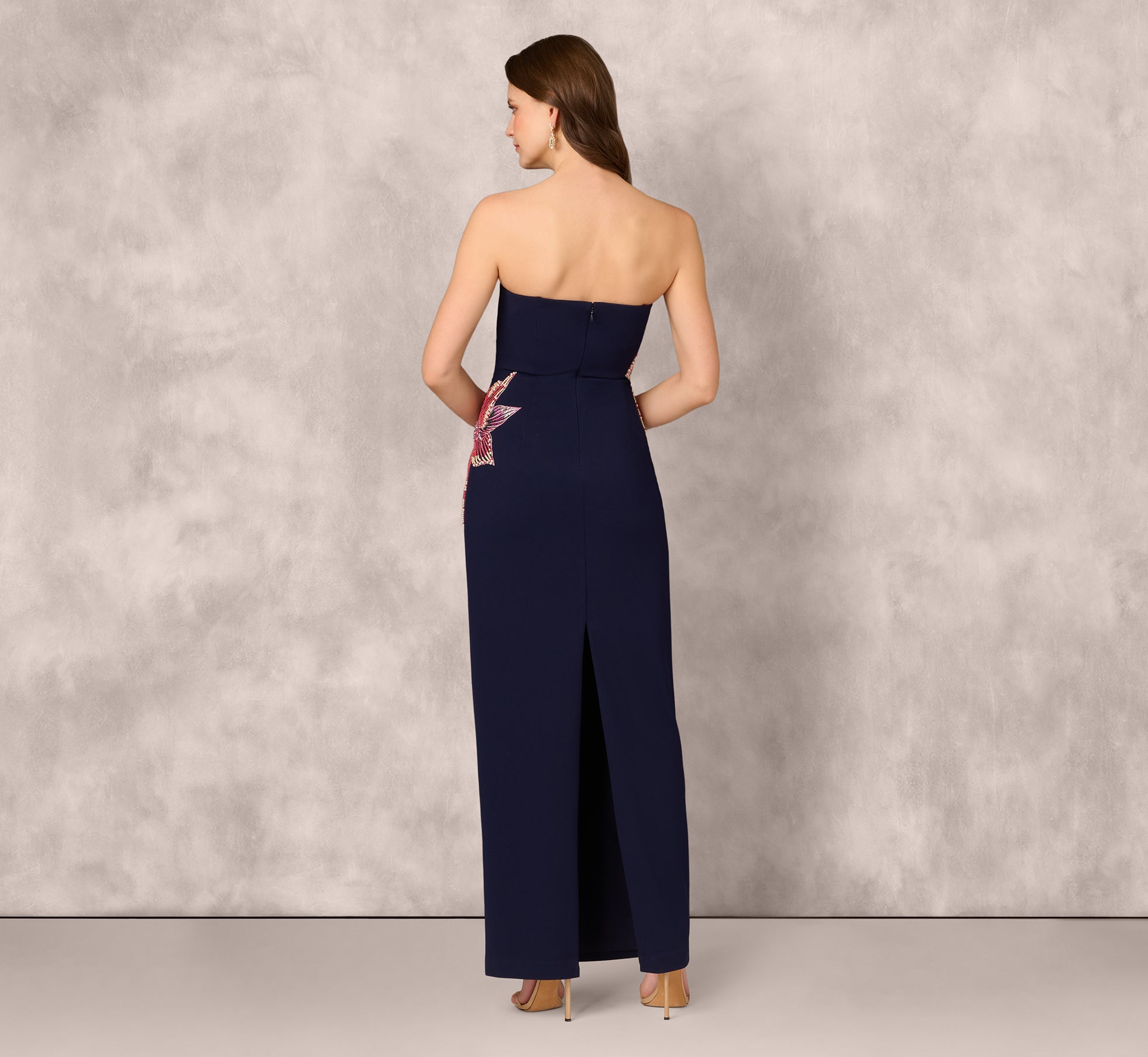 Elegant Navy Blue Strapless Beaded Flower Gown for Evening Gala, Prom, or Formal Wedding - Perfect for Special Occasions & Red Carpet Events
