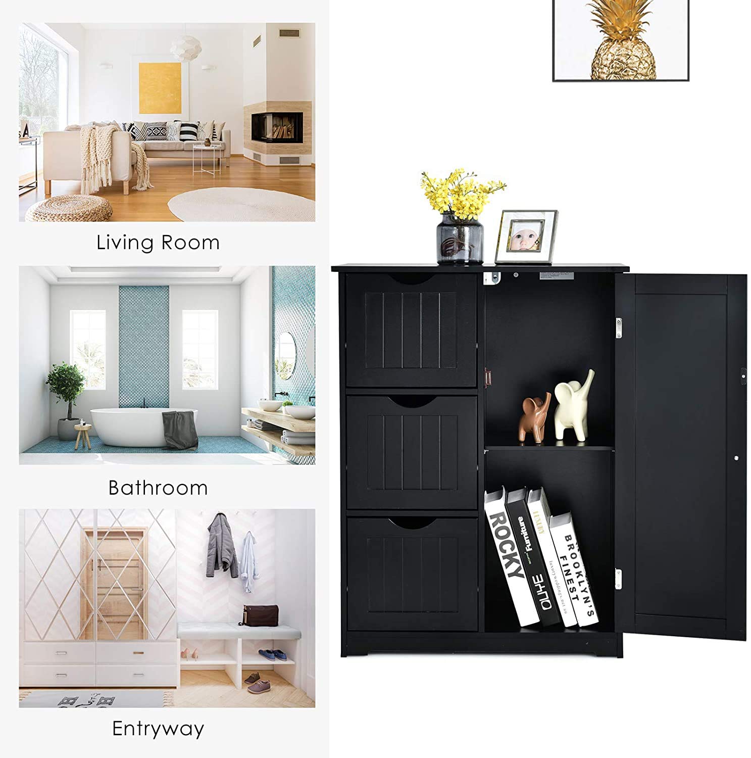 LDAILY Mocha Bathroom Floor Storage Cabinet - 3 Drawers & Adjustable Shelf, Freestanding Organizer for Bathroom, Entryway, Home Office (Black) | Perfect for Small Spaces, Towel Storage & Home Organization