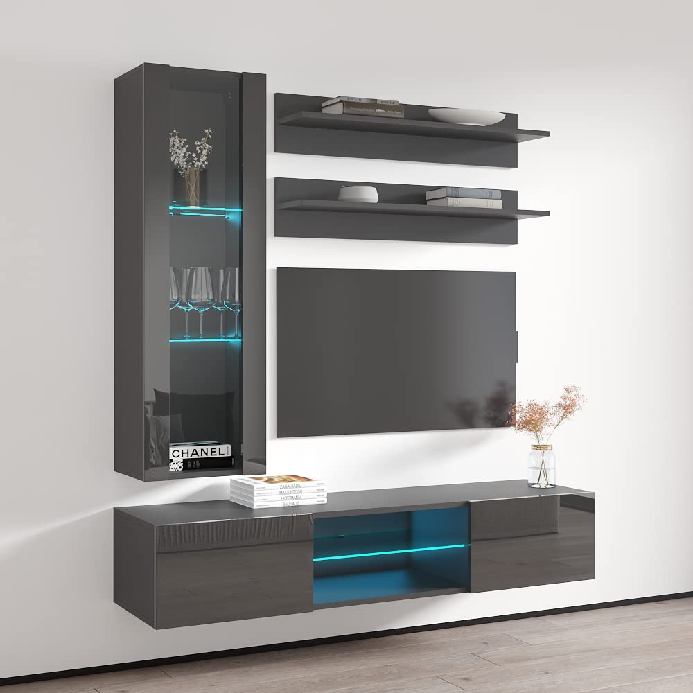 Modern Wall-Mounted TV Stand with Storage Shelves & LED Lights - H33 Entertainment Center Console for Living Room & Bedroom - Space-Saving Gray TV Cabinet for Flat Screens up to 65