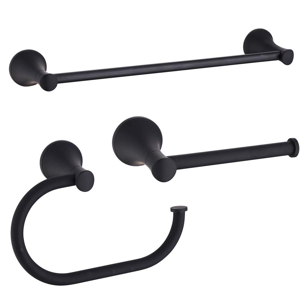 Black 3-Piece Bathroom Hardware Set - Toilet Paper Holder, Adjustable Towel Bar & Ring - Wall Mounted Bath Accessories for Modern Bathrooms - Matte Black Finish - Perfect for Powder Rooms, Guest Baths & Master Suites