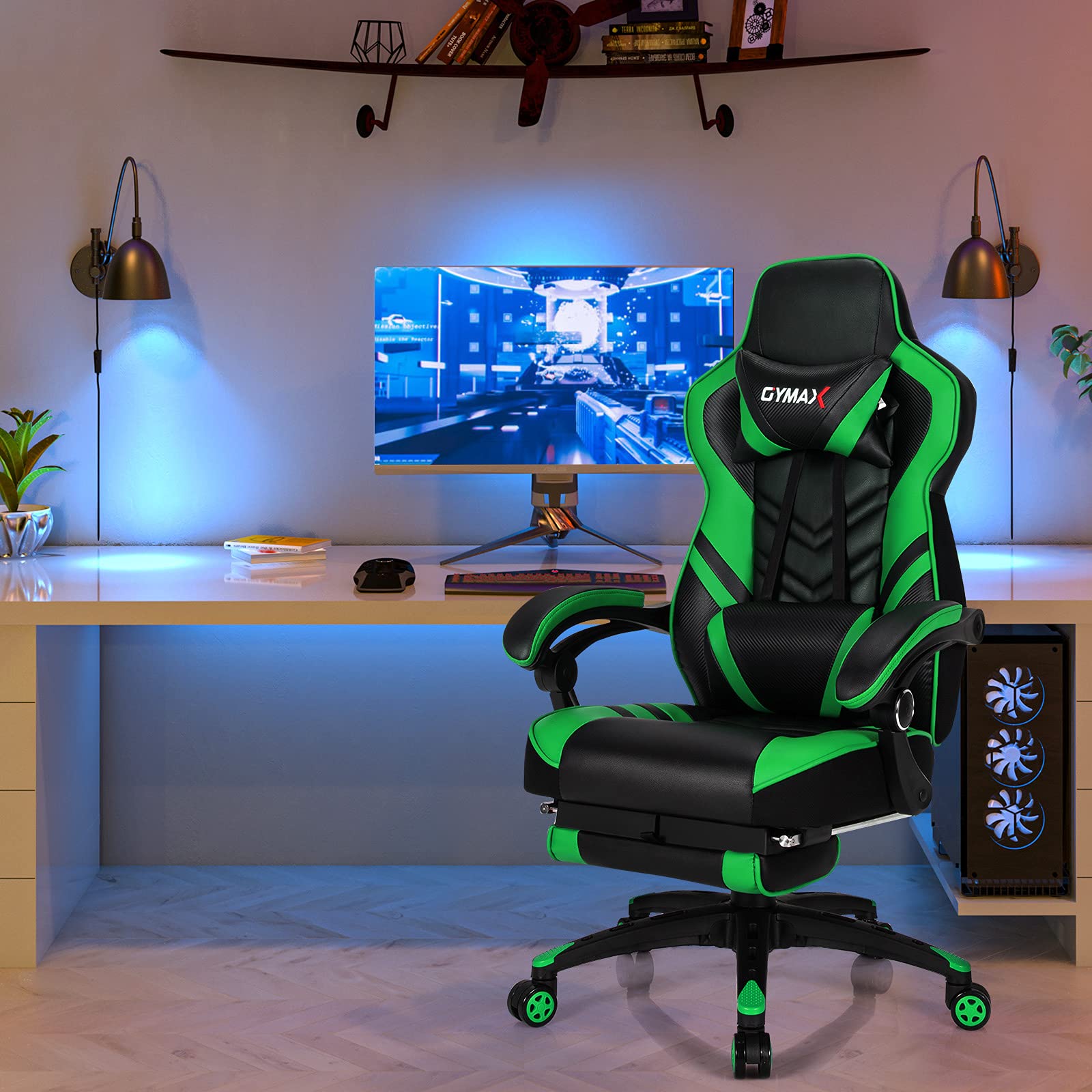GYMAX Ergonomic Gaming Chair with Footrest, Adjustable Linkage Armrests & Lumbar Support - High Back Reclining Office Computer Chair for Adults & Teens - Perfect for Esports, Streaming & Home Office (Green)