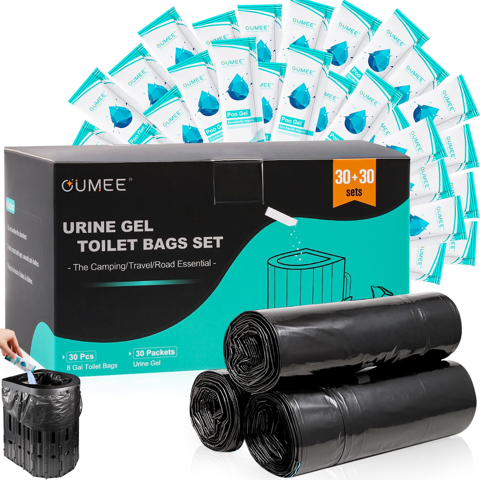 60 Pack Portable Camping Toilet Bags with Poo Gel - 8 Gallon Leak-Proof Waste Bags & Absorbent Gel for Outdoor, RV, Hiking, Emergency - Ideal for Camping, Travel & Road Trips