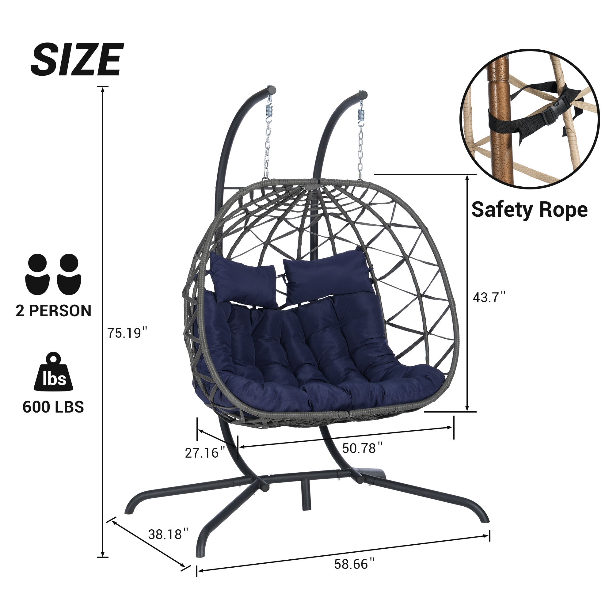 Double Egg Chair with Stand - Hanging Indoor/Outdoor Wicker Rattan Swing Chair with UV-Resistant Cushions (600lb Capacity) - Perfect for Bedroom, Balcony, Patio & Garden Relaxation