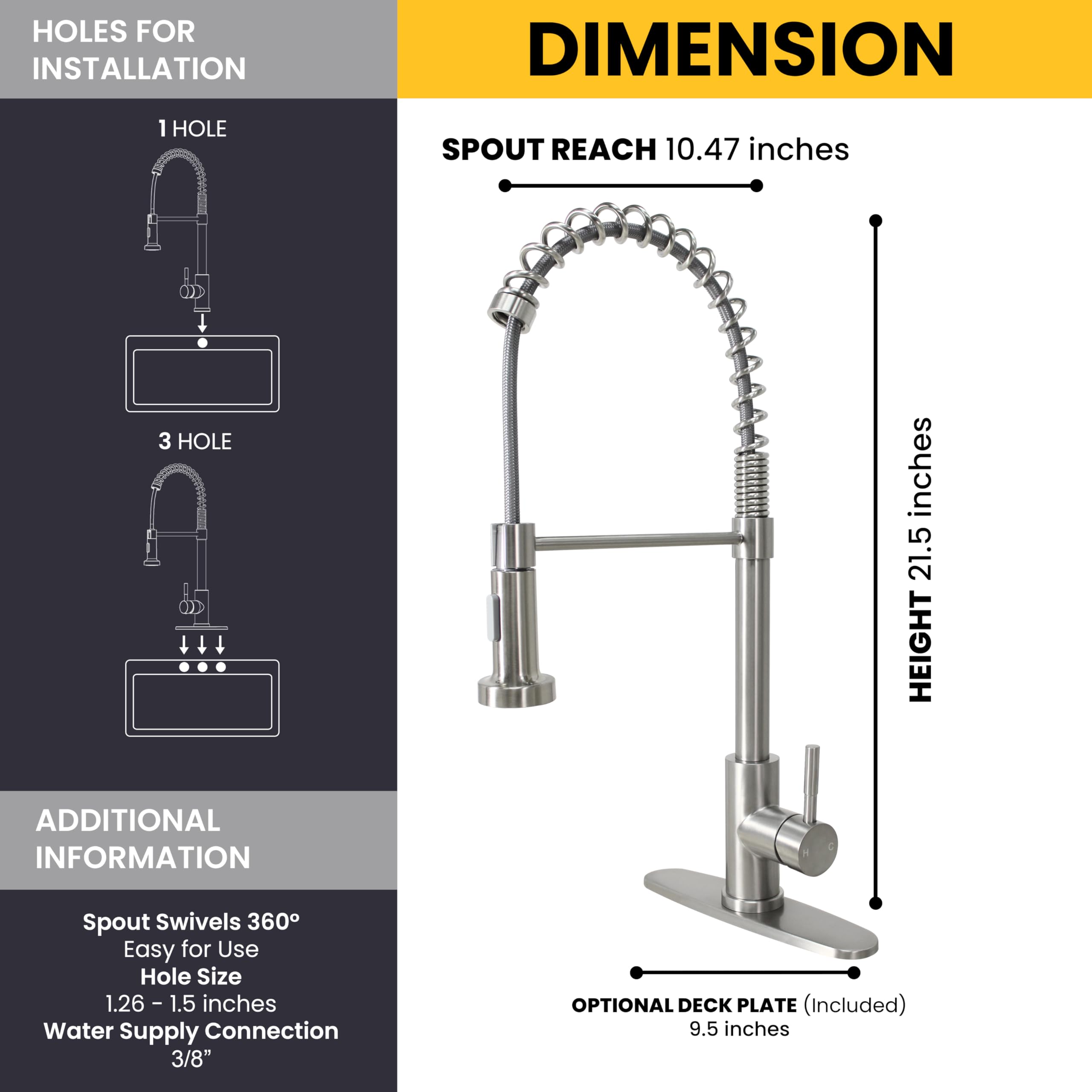 Single Handle Stainless Steel Kitchen Faucet with Pull Down Sprayer - High Arc Brushed Nickel Finish, 1 Hole Sink Faucet with Dual Spray Modes & Hole Cover (21.5 Inch) - Perfect for Modern Kitchens, Dishwashing & Food Prep