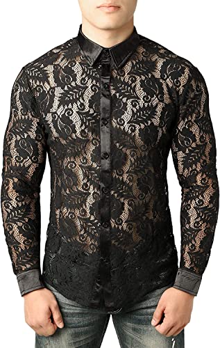 ZEROYAA Men's See-Through Mesh Dress Shirt - Long Sleeve Lace Leaf Design Button Down Club Shirt for Nightlife, Parties & Date Nights