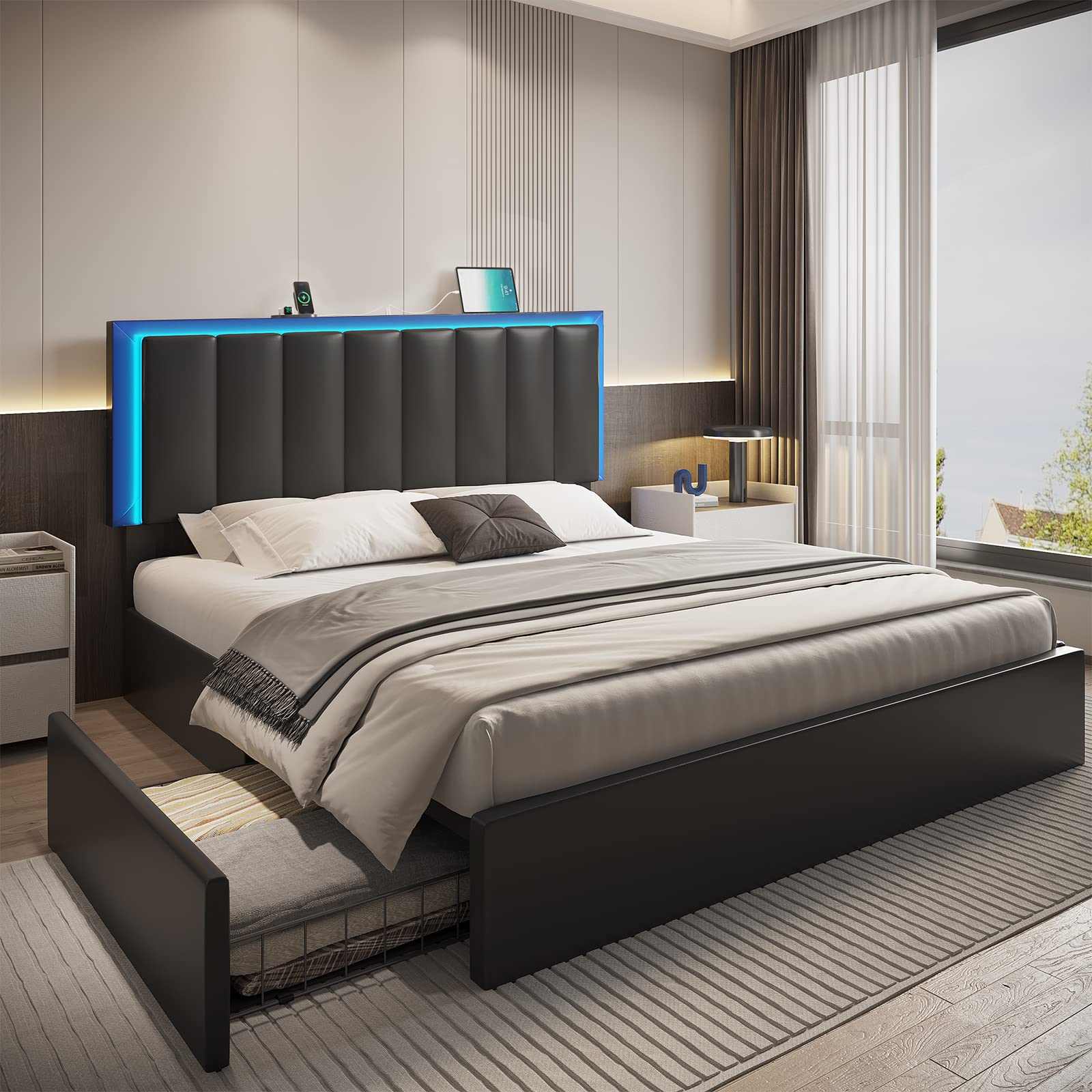 Smart LED Bed Frame with Storage & USB Charging - Black for Modern Bedrooms