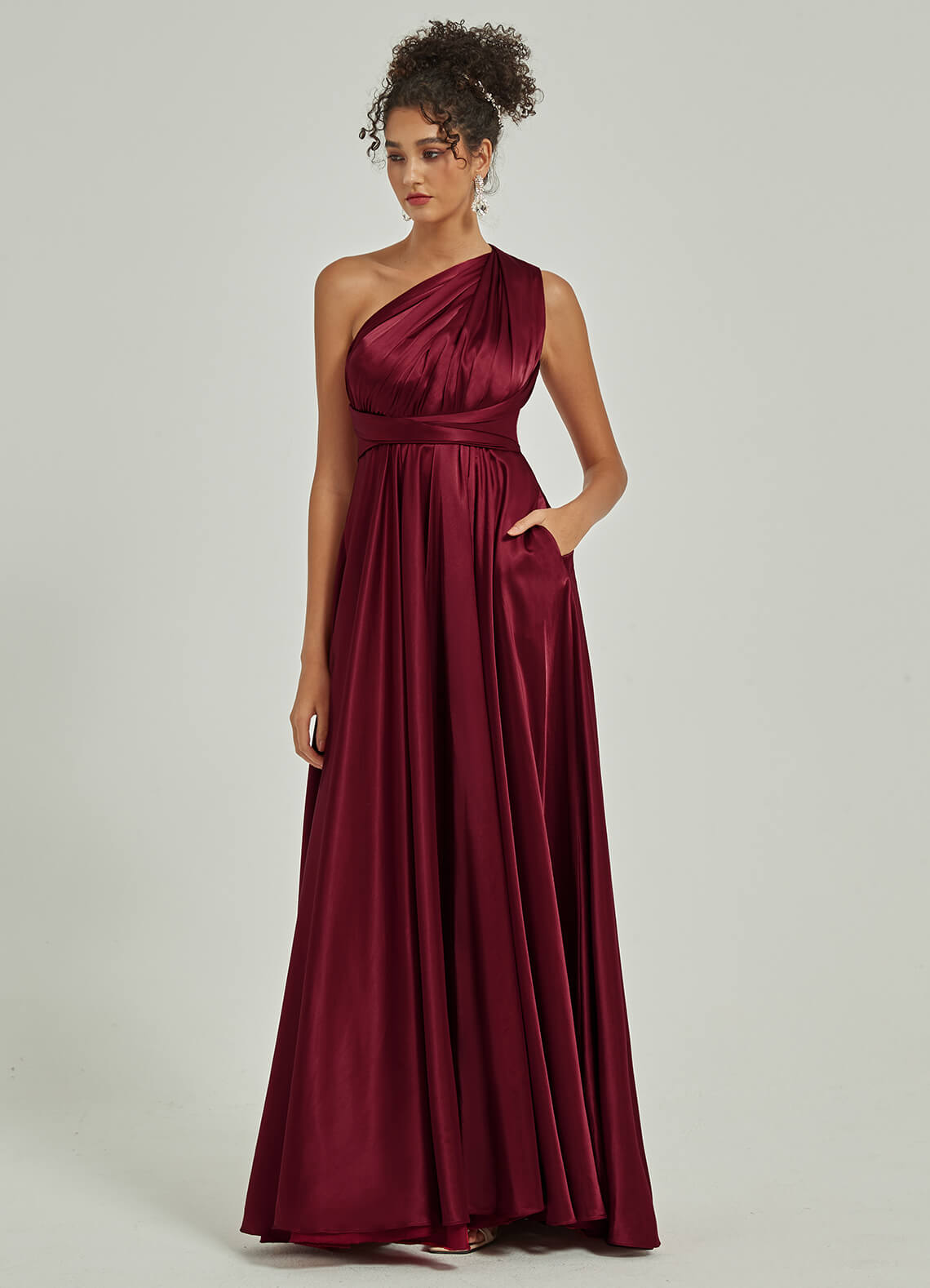 Burgundy Satin Convertible Bridesmaid Dress - Multi-Way Wrap A-Line Gown for Weddings, Parties & Formal Events