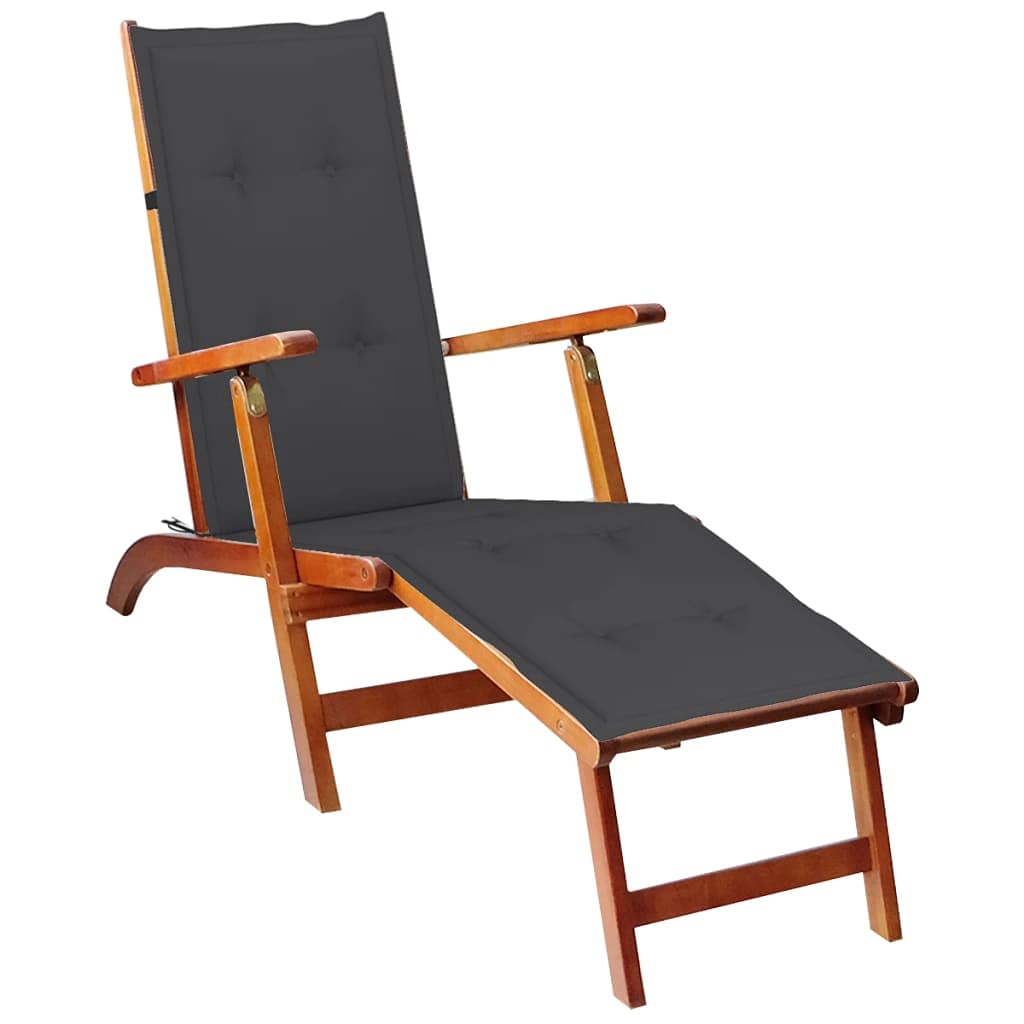 Premium Acacia Wood Patio Lounge Chair with Adjustable Reclining & Footrest - Anthracite Cushion Included for Outdoor Relaxation - Perfect for Garden, Poolside, Beach & Sunbathing - Durable Weather-Resistant Design for Patio, Deck or Lawn Use