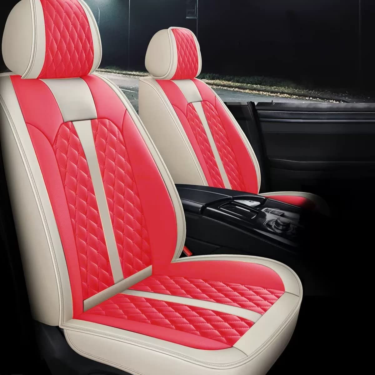 Premium Waterproof Faux Leather Seat Covers for 2022-2023 Nissan Sonata Hybrid Limited & SEL - 5-Piece Full Set (Beige & Red) | Durable Car Interior Accessories for Women | Perfect for Daily Commute, Road Trips & Family Protection