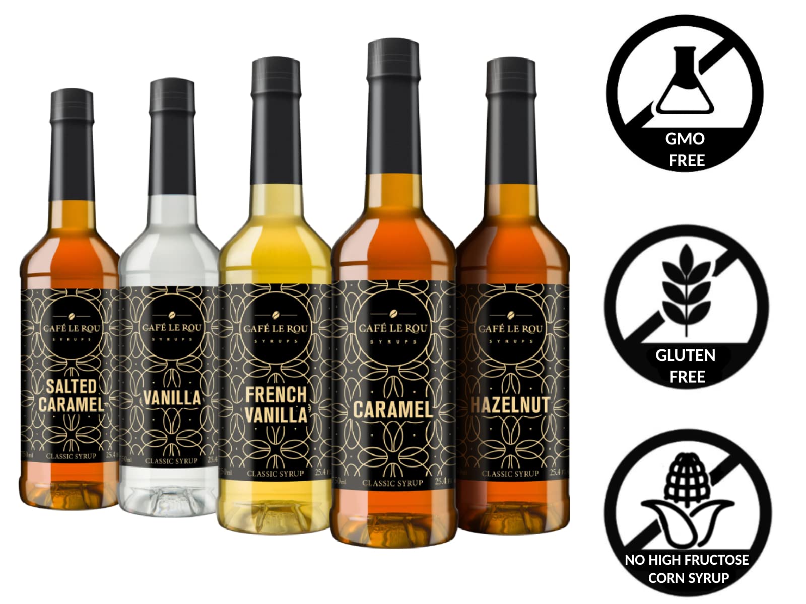 **Premium Café Le Rou Coffee Syrup Variety 5-Pack (25.4 oz) - Vanilla, French Vanilla, Caramel, Salted Caramel & Hazelnut Flavoring Syrups for Coffee, Tea, Espresso & Desserts - Perfect for Home, Café & Office Use**