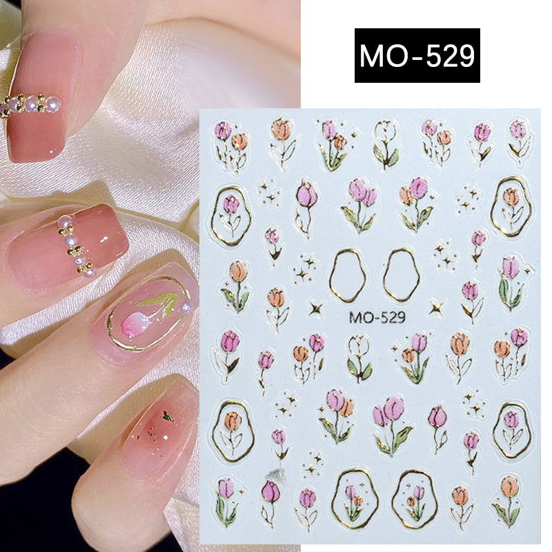 3D Spring Tulip Embossed Flower Jelly Nail Stickers - Set of 3 Designs (MO-527/528/529) for Gel Polish Manicure & Nail Art Decoration - Perfect for Spring Parties, Weddings and DIY Nail Salon