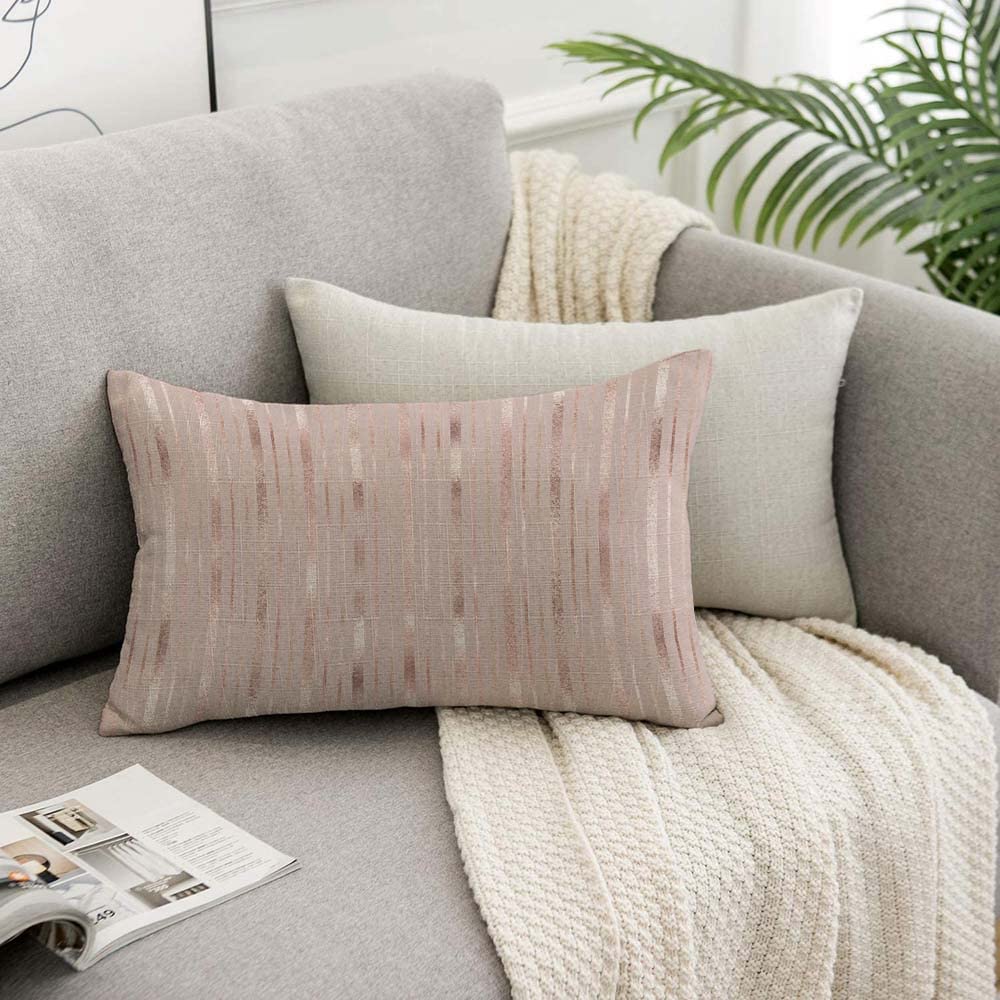 Luxury Rose Gold & Gold Vertical Stripes Pillow Cover 12x20 Inch - Geometric Pattern Decorative Throw Pillow with Pink Glitter - Farmhouse Home Decor for Living Room, Bedroom & Sofa Cushion Case