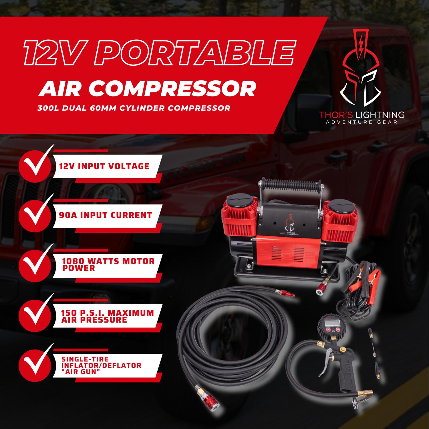 Thor's Lightning Air Systems Bolt Portable 12V True Dual Air Compressor - 10.6 CFM High Performance with Digital Pressure Gauge - Single-Tire Inflator/Deflator Air Gun - Perfect for Trucks, SUVs, ATVs & Off-Road Vehicles