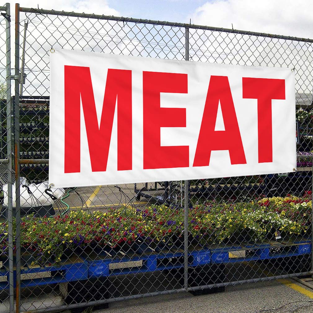 Meat Red Vinyl Banner - Weatherproof Outdoor Restaurant & Food Truck Sign - Multiple Sizes (24x48 Inches) with 4 Grommets - Perfect for Commercial Use, Yard Sales & Industrial Signage
