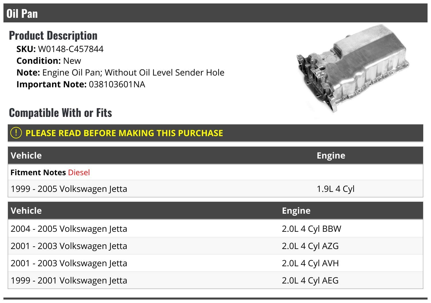 Oil Pan for 1999-2005 Volkswagen Jetta - No Oil Level Sender Hole - Replacement Engine Oil Pan - Perfect for DIY Car Repair & Maintenance