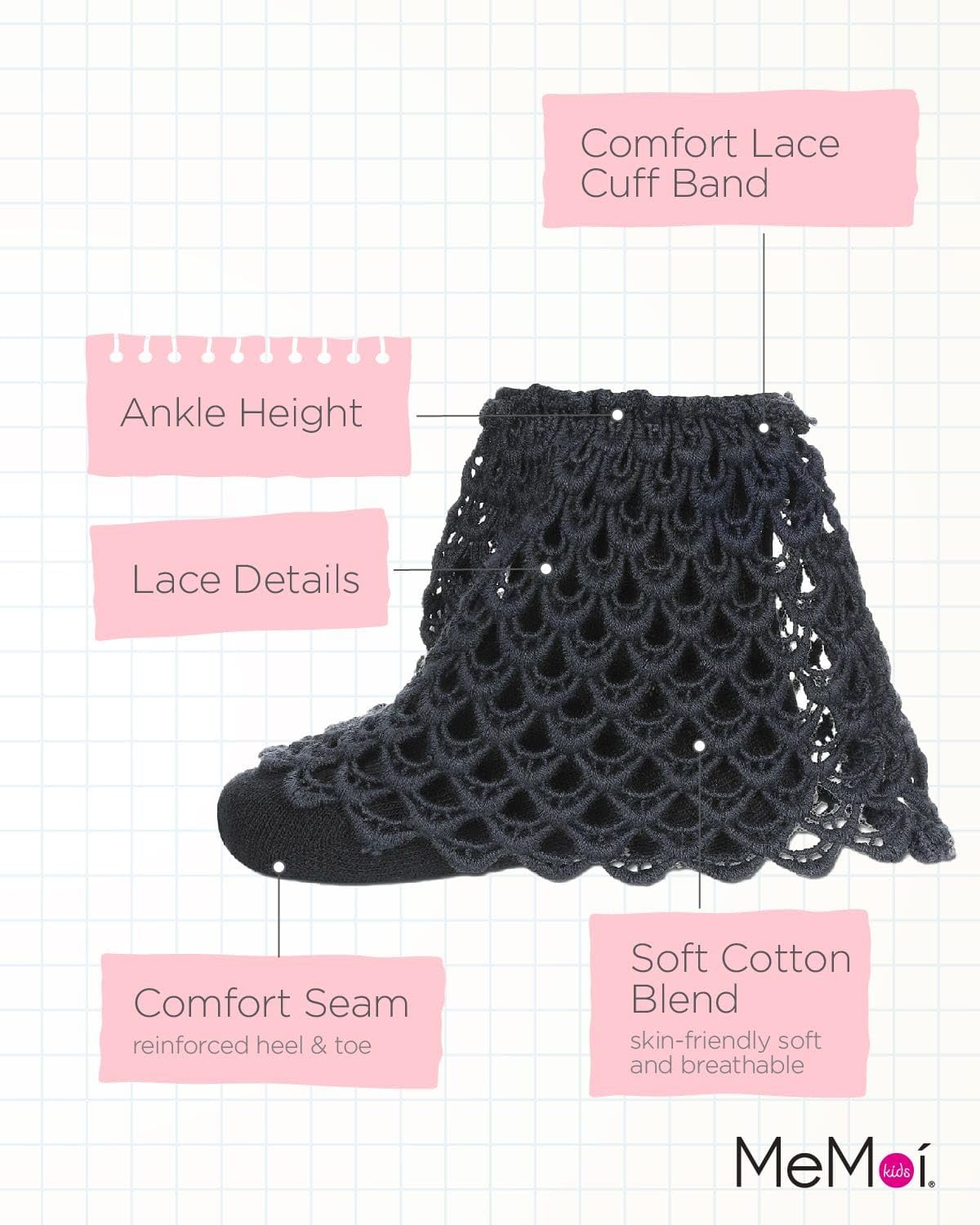 MeMoi Girls' Lacy Loopsy Cotton Blend Anklet Socks - Cute & Comfortable Socks for School, Dance, or Everyday Wear