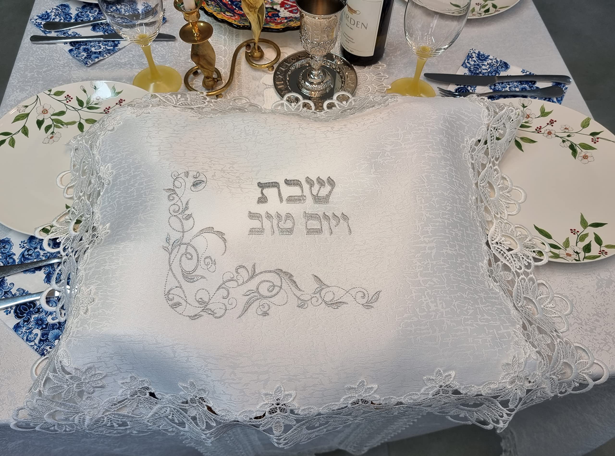 TALISMAN4U White Challah Bread Cover for Shabbat - Silver Floral Embroidered Lace Decoration Judaica Gift (20 x 17 inches) - Perfect for Jewish Holidays, Sabbath Meals & Home Decor