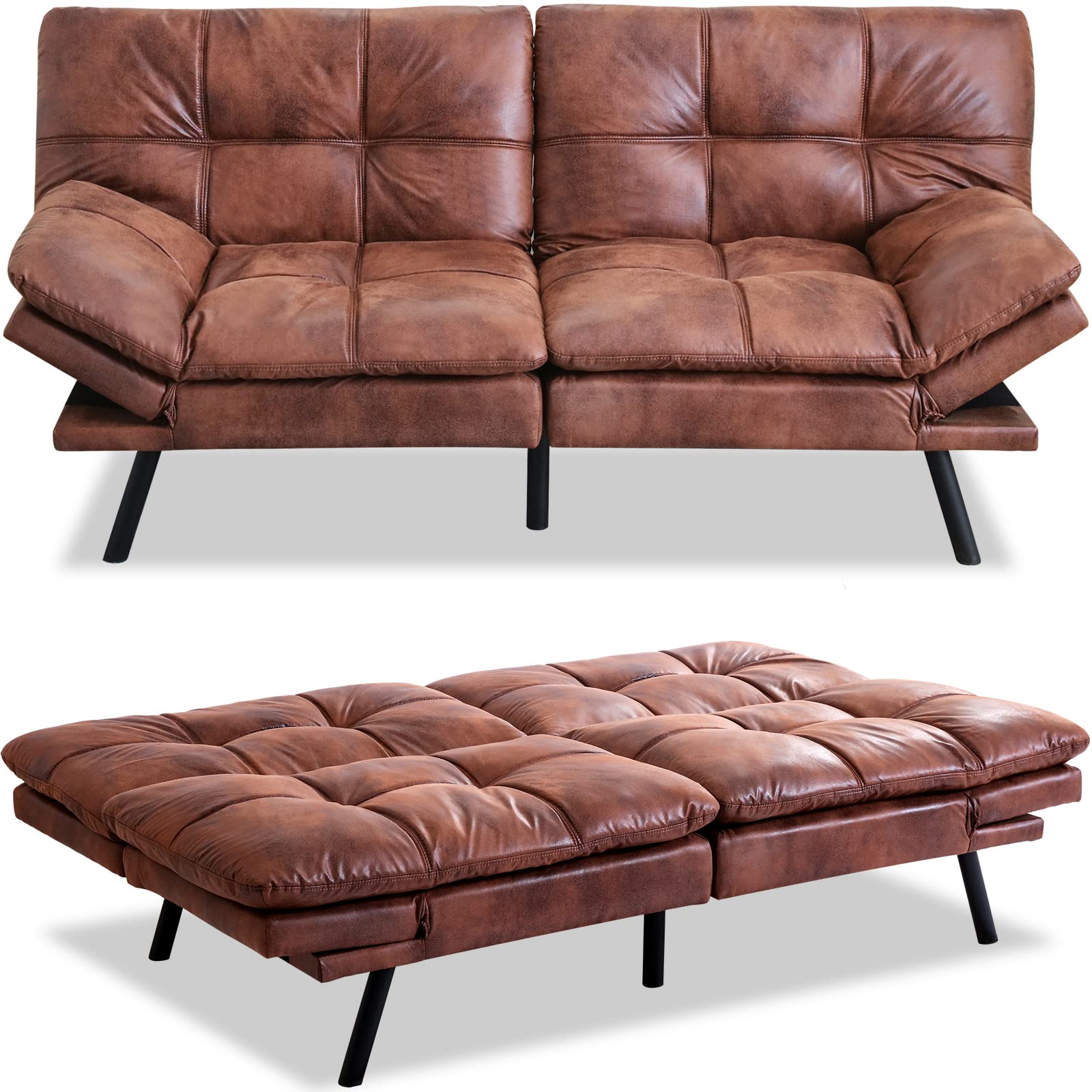 Modern Convertible Futon Sofa Bed - Faux Leather Sleeper Couch with Memory Foam, Removable Armrests - Brown Daybed for Small Spaces | Perfect for Living Rooms, Guest Rooms & Studio Apartments