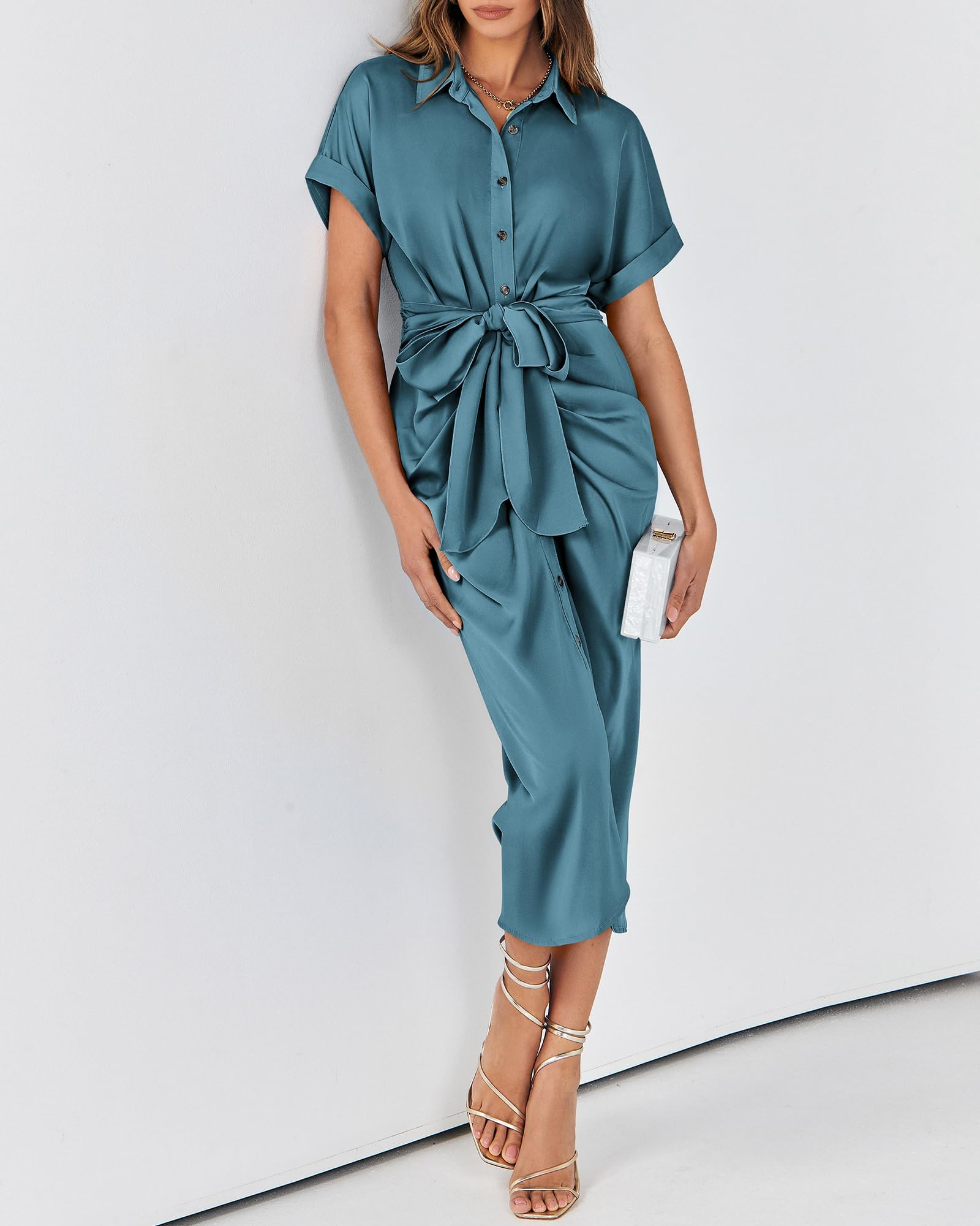 BTFBM Women's 2025 Elegant Ruched Button Down Shirt Dress - Short Sleeve Lapel V-Neck Satin Maxi Dress for Spring Summer, Perfect for Party, Wedding, Cocktail & Formal Occasions
