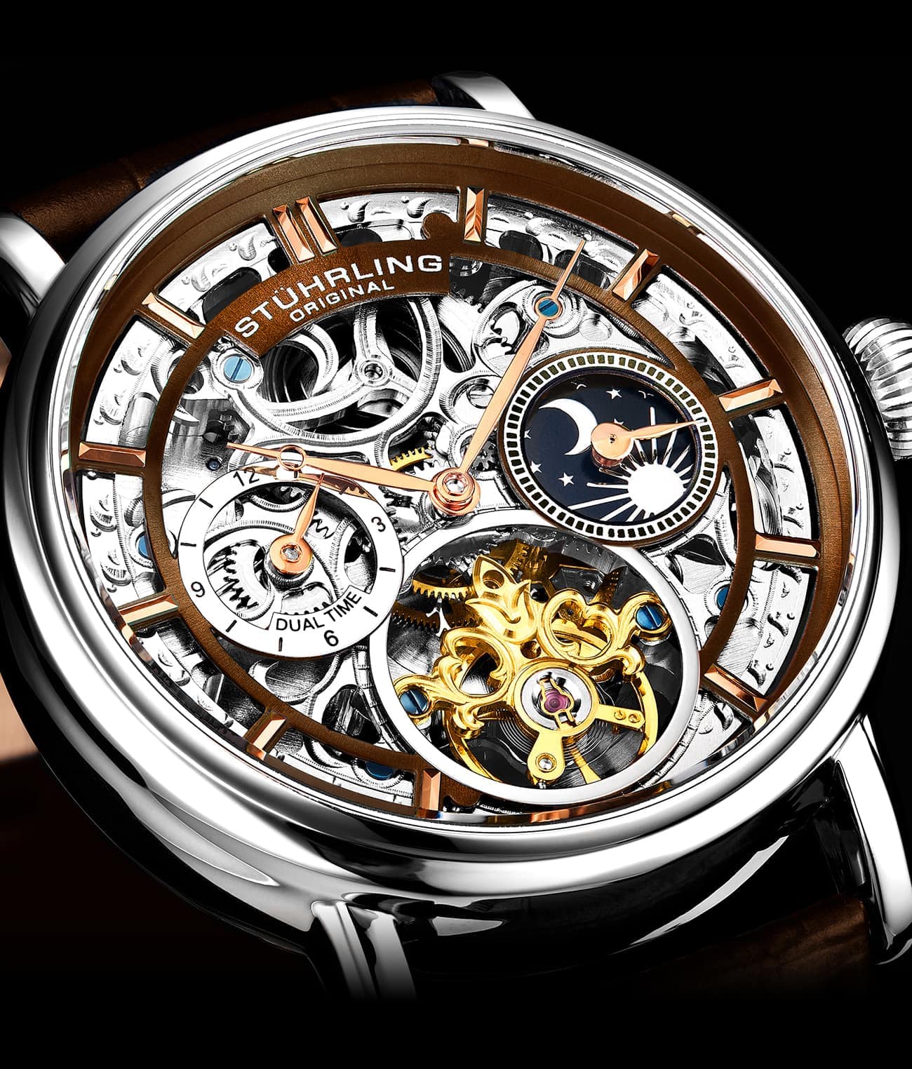 Macrocosm 4000 Automatic 43mm Skeleton Watch with Dual Time Display - Perfect for Business Travelers and Watch Collectors